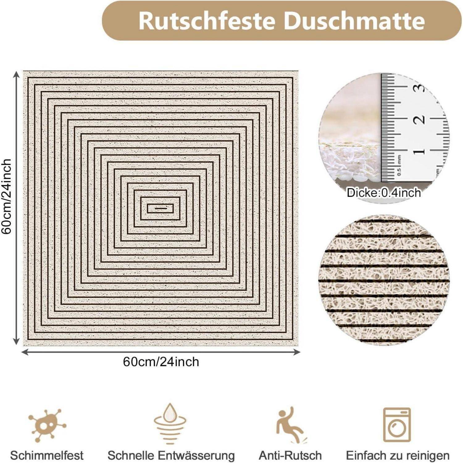 Quadratische rutschfeste Badematte, 60 cm x 60 cm und 0,4 Zoll dick, mit schneller Drainage, Schimmelresistenz und leicht zu reinigen.