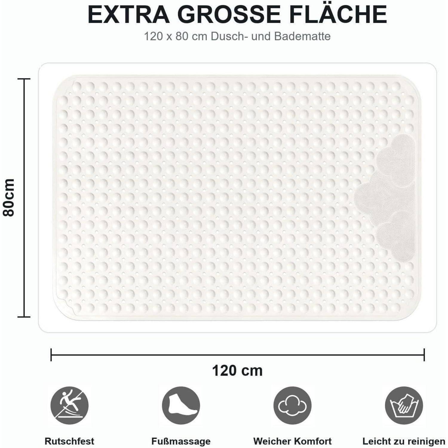 Weißer rechteckiger Dusch- und Badmatte, 120 x 80 cm, mit Saugnapfen und Fußmassage-Struktur; gekennzeichnet als rutschfest, weich, leicht zu reinigen.