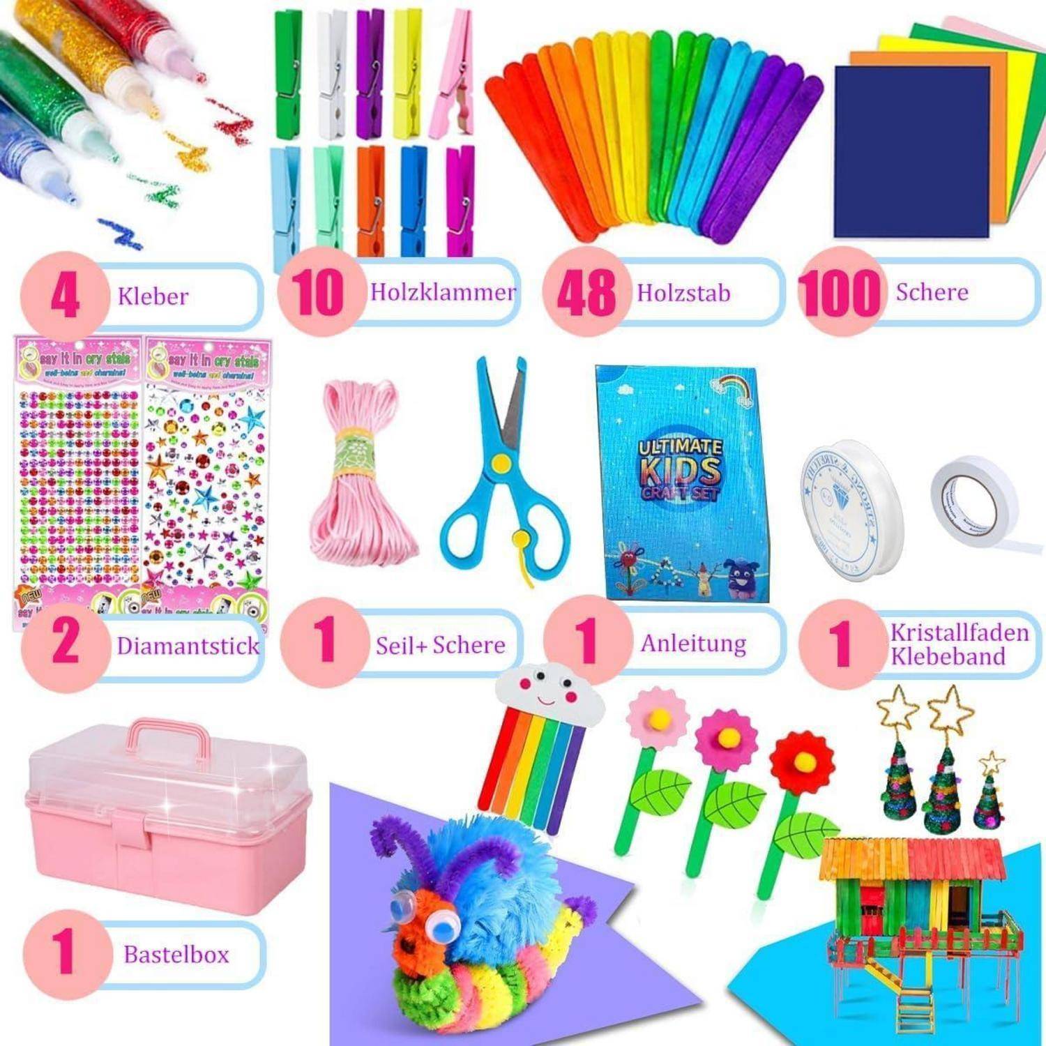 Inhaltsverzeichnis des farbenfrohen Bastelkits für Kinder mit ausgebreiteten Materialien mit gekennzeichneten Mengen: Klebstoff, Wäscheklammern, Holzstäbe, Schere, Aufkleber, Garn, Anleitung, Klebeband, Aufbewahrungsbox und fertige Bastelbeispiele.