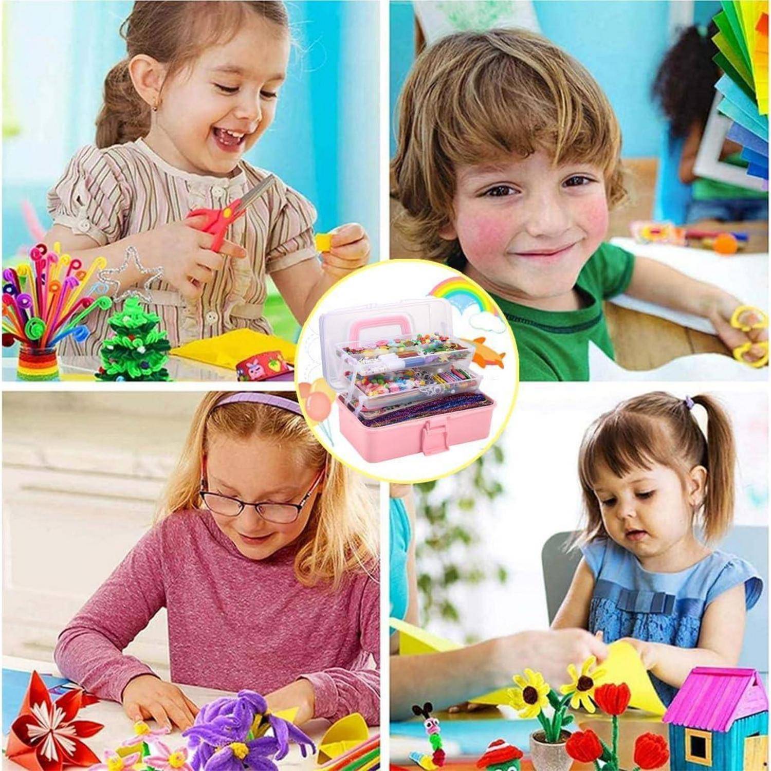 Collage von Kindern, die bunte Basteleien mit einem tragbaren Kunstset anfertigen, zeigt Schere, Papierblumen und kleine selbstgemachte Projekte.