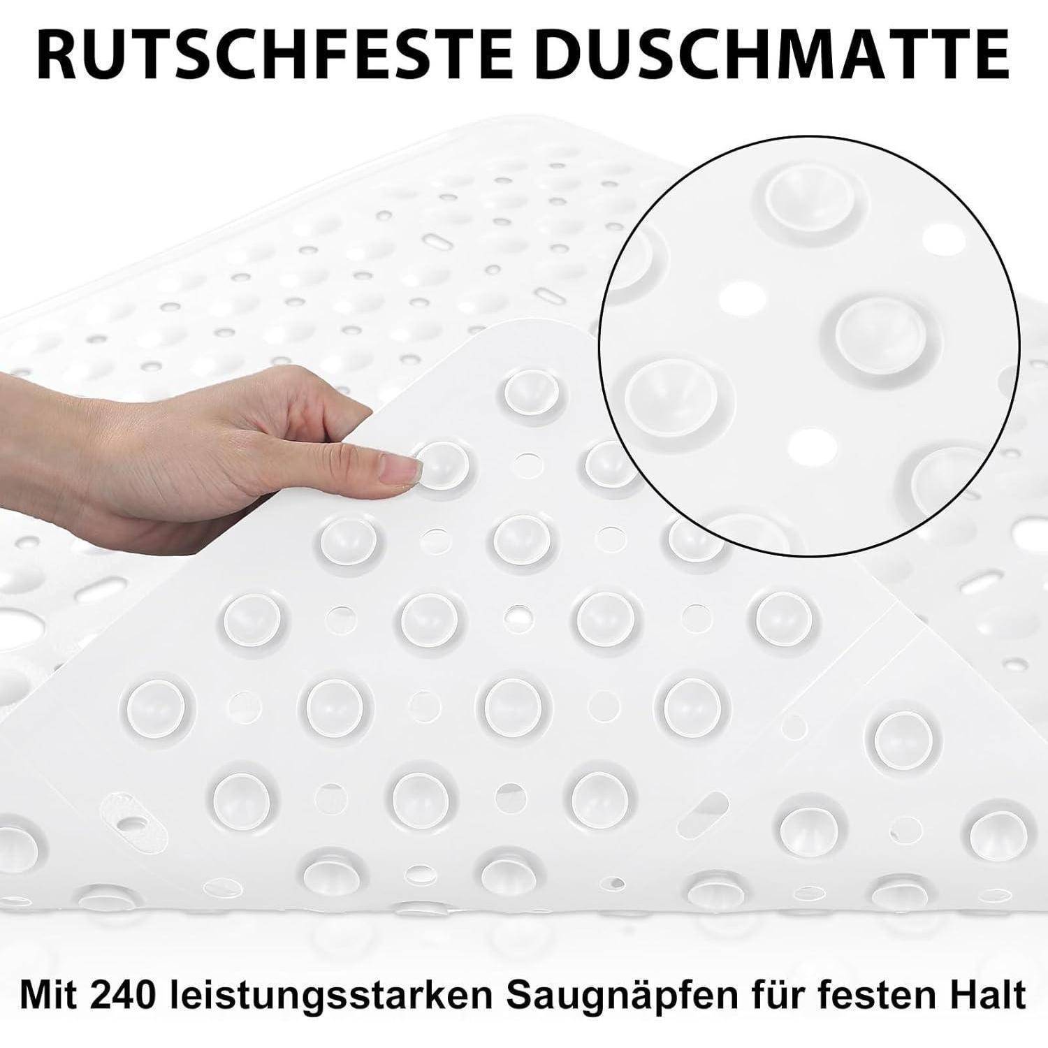 Weiße rutschfeste Badewannenmatte mit vielen Saugnäpfen, gezeigt wird wie sie von einer Hand gedrückt wird; der Text sagt 'Rutschfeste Duschmatte' und 'Mit 240 leistungsstarken Saugnäpfen für festen Halt'.