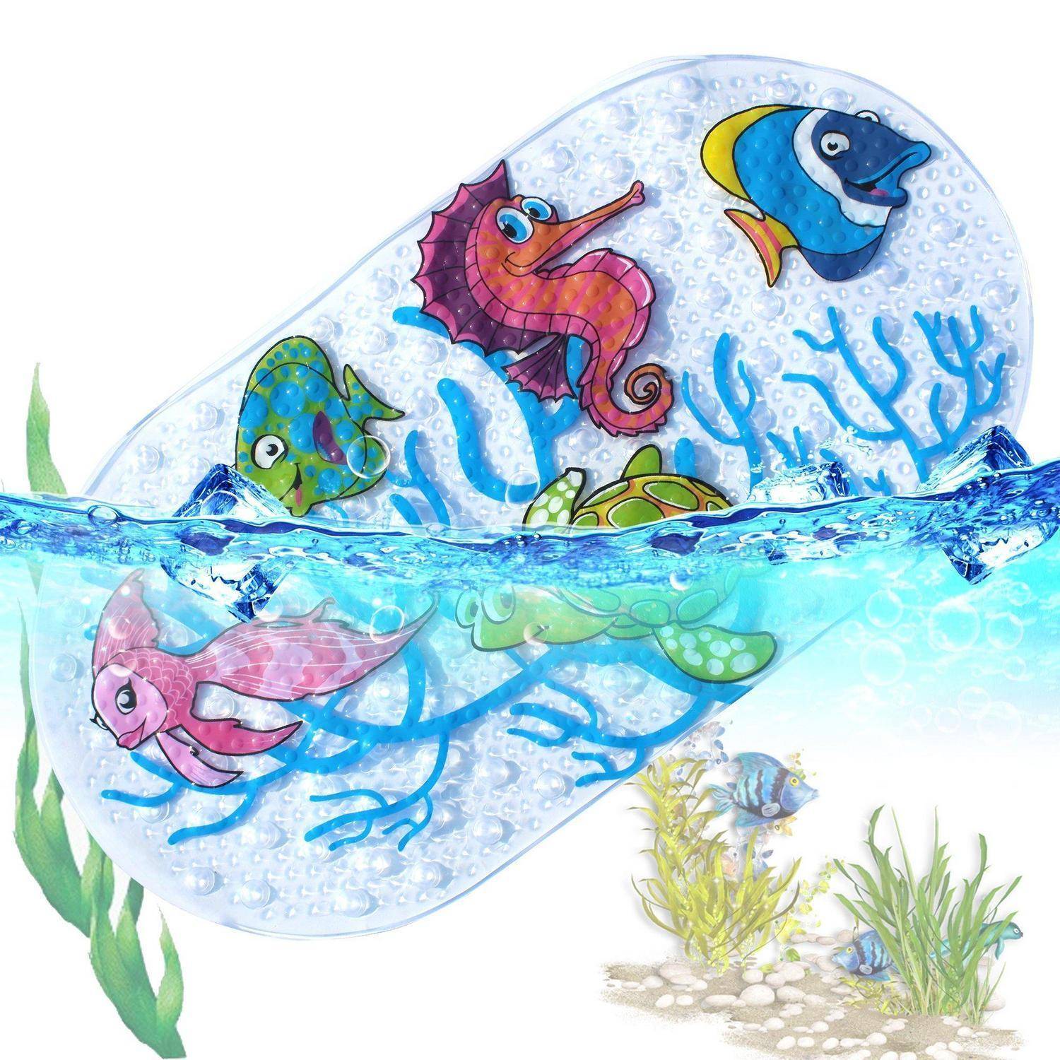 Bunte Meeresillustration in einer wassertropfenförmigen Blase, die Fische, ein Seepferdchen, eine Schildkröte und Korallenriffpflanzen unter Wasser zeigt.