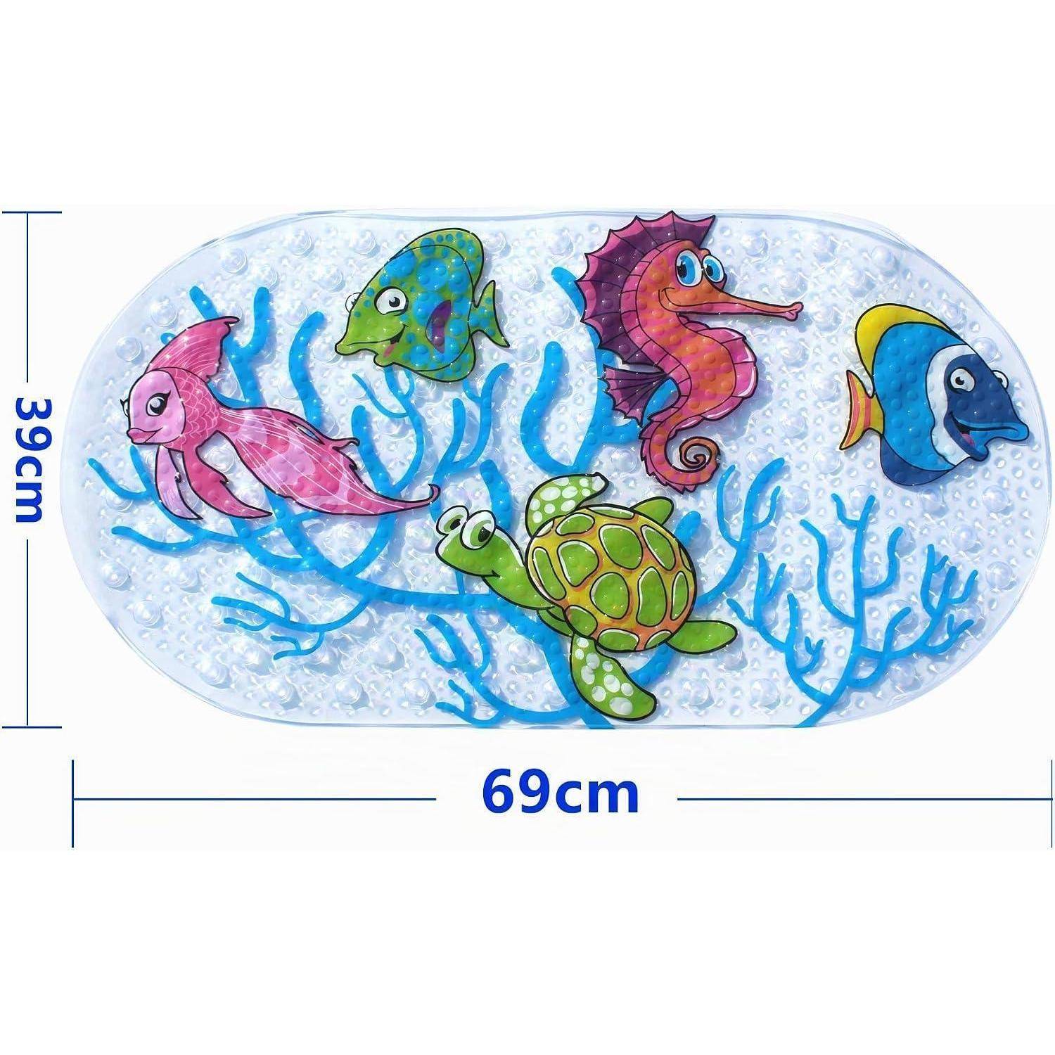Ovale Badewannenmatte mit fünf Comic-Meerestieren und blauer Koralle, beschriftet mit 69 cm Breite und 39 cm Höhe.