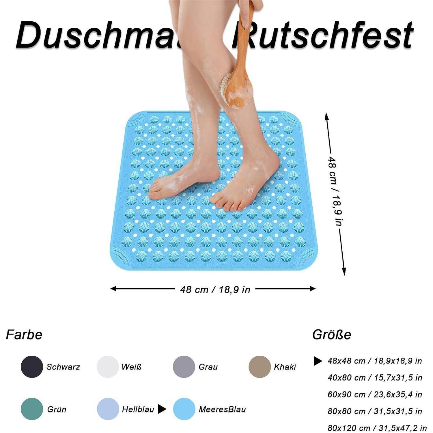 Produktbild einer blauen rutschfesten Badezimmermatte mit Saugnapf-Noppen, gezeigt unter Füßen mit Größe 48 x 48 cm und deutschen Beschriftungen für Farb- und Größenoptionen.