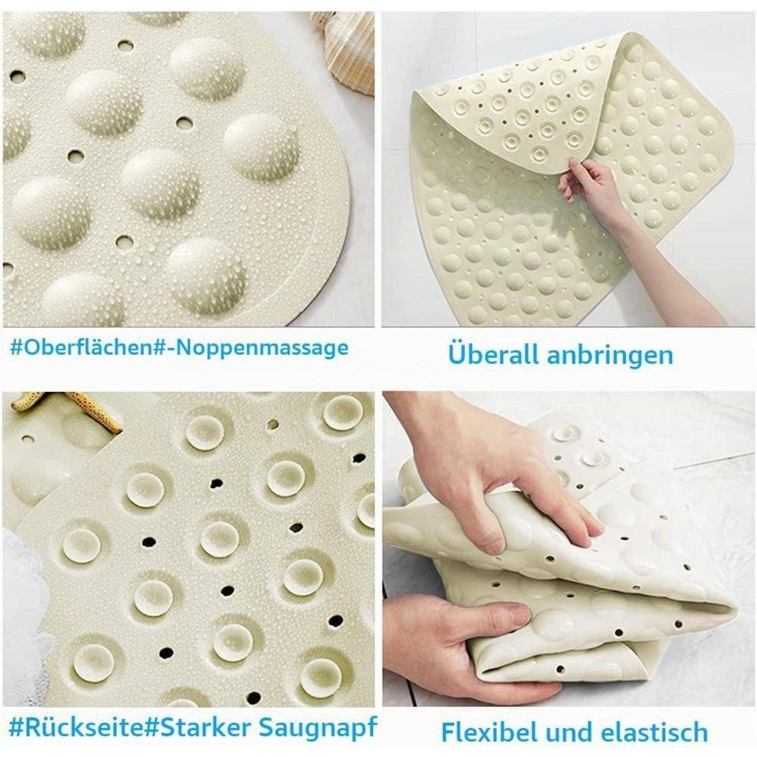 Die Collage zeigt eine cremefarben strukturierte Matte mit erhobenen Noppen und Saugnäpfen, die Oberflächenmassage, flächendeckende Anwendung, starken Halt auf der Rückseite und flexible Elastizität hervorhebt.