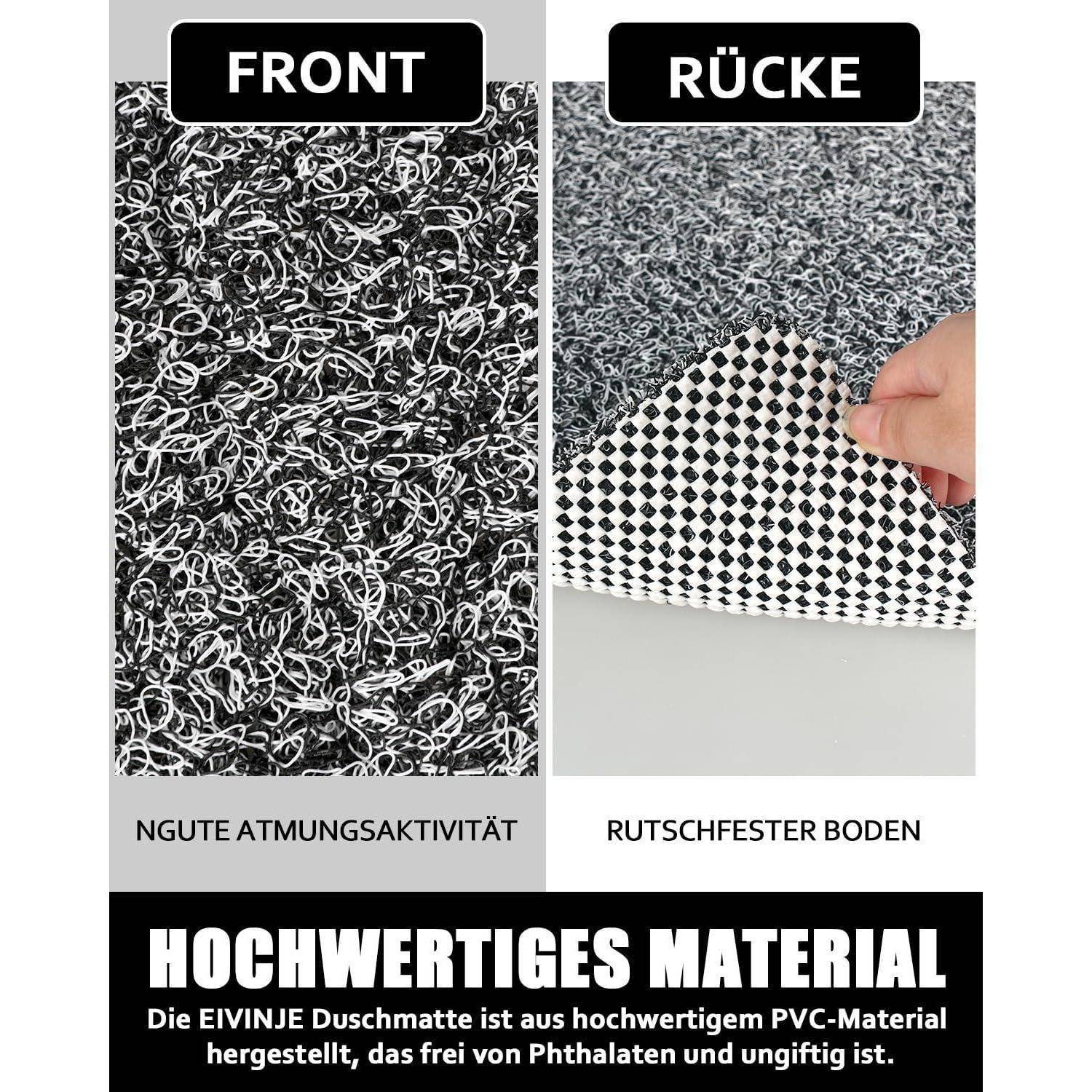 Produktbild einer PVC-Duscheinlage: Vorder- und Rückseite dargestellt, mit karierter rutschfester Rückseite und deutschem Text, der Atmungsaktivität, Rutschfestigkeit und hochwertiges Material hervorhebt.