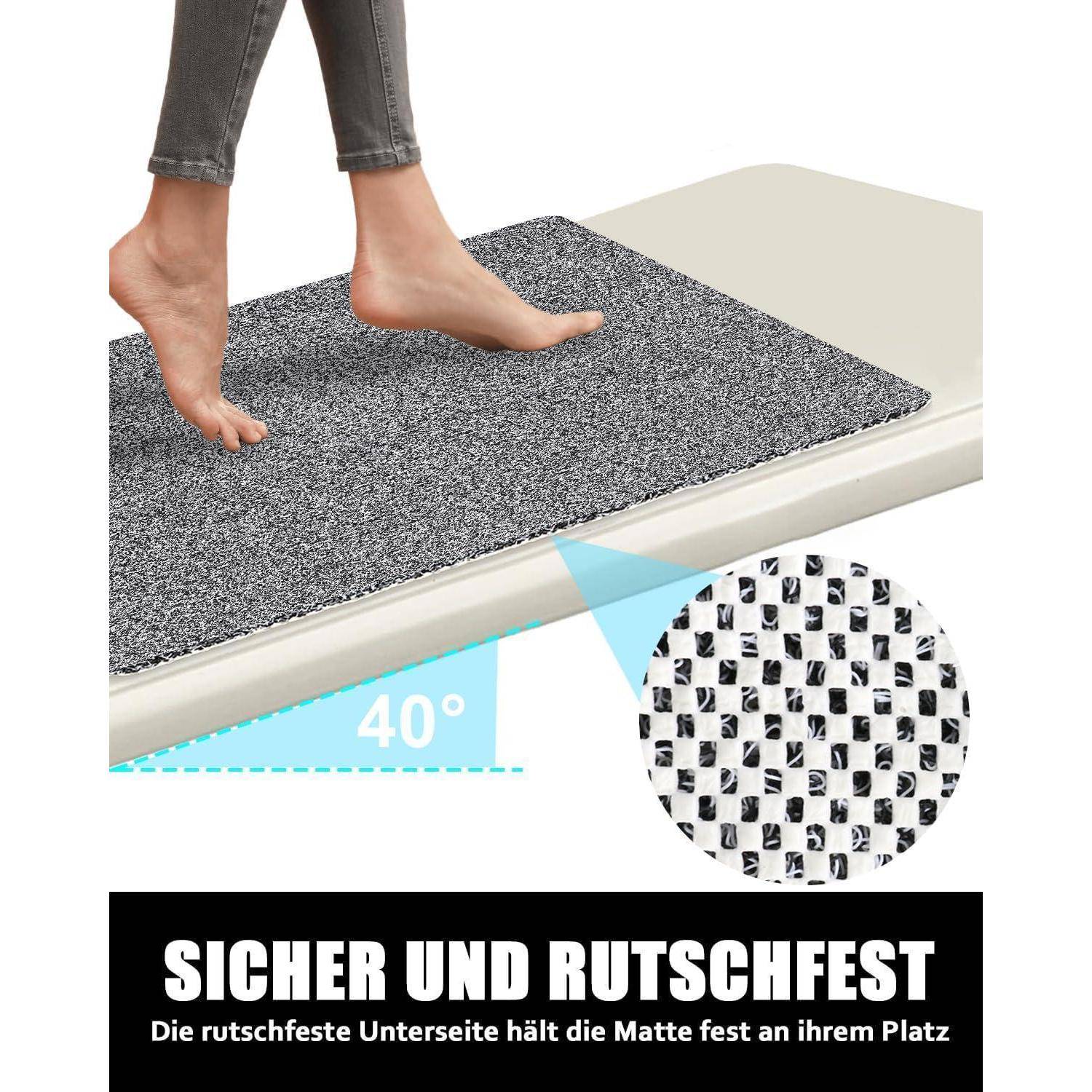 Barfuß auf einer grauen rutschfesten Matte auf einer Oberfläche tretende Füße, mit vergrößerter Rückseite-Textur und deutschem Text 