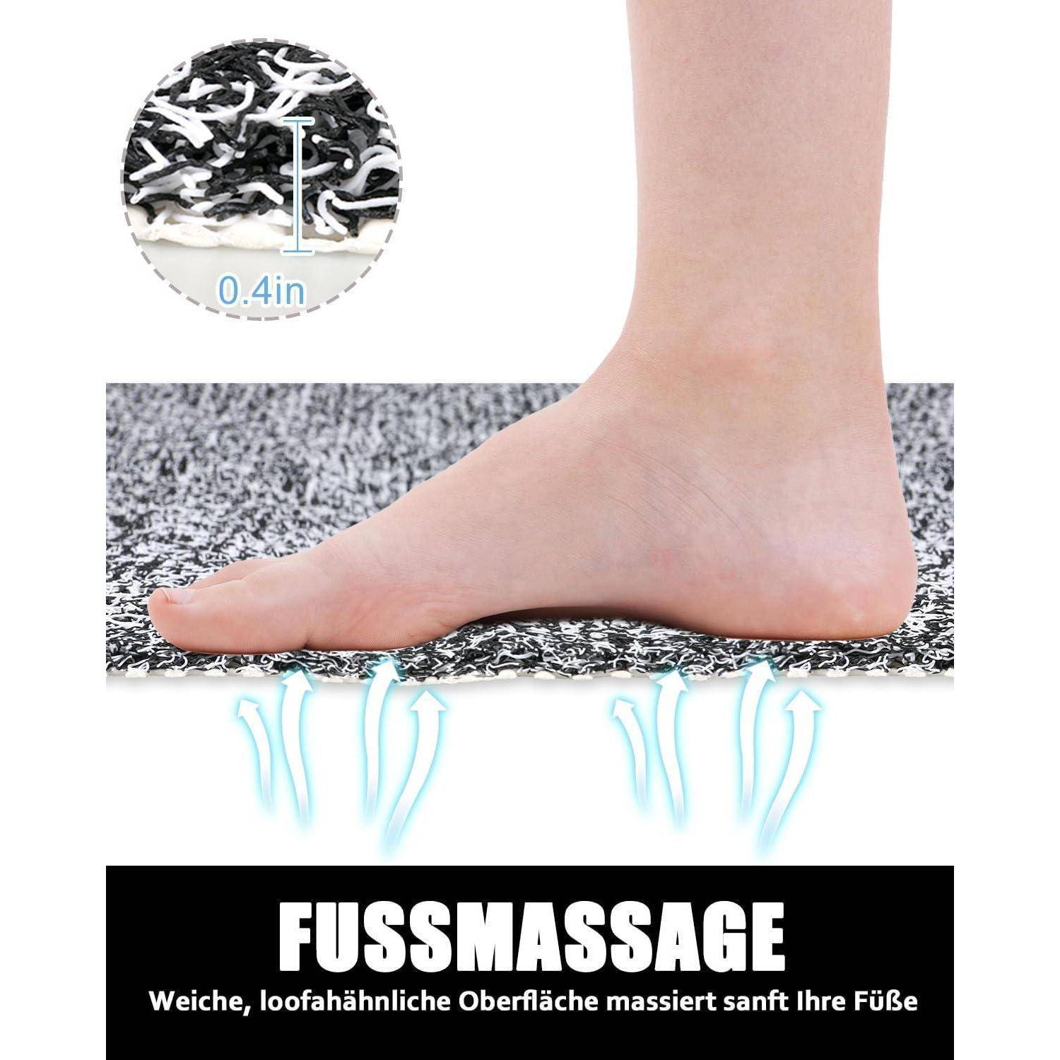 Fuß ruht auf strukturierter Massagematte mit Luftströmungspfeilen und Ausschnitt zeigt 0,4 Zoll dicke, weiche, bimsstein-ähnliche Oberfläche; 'FUSSMASSAGE' Produktwerbung