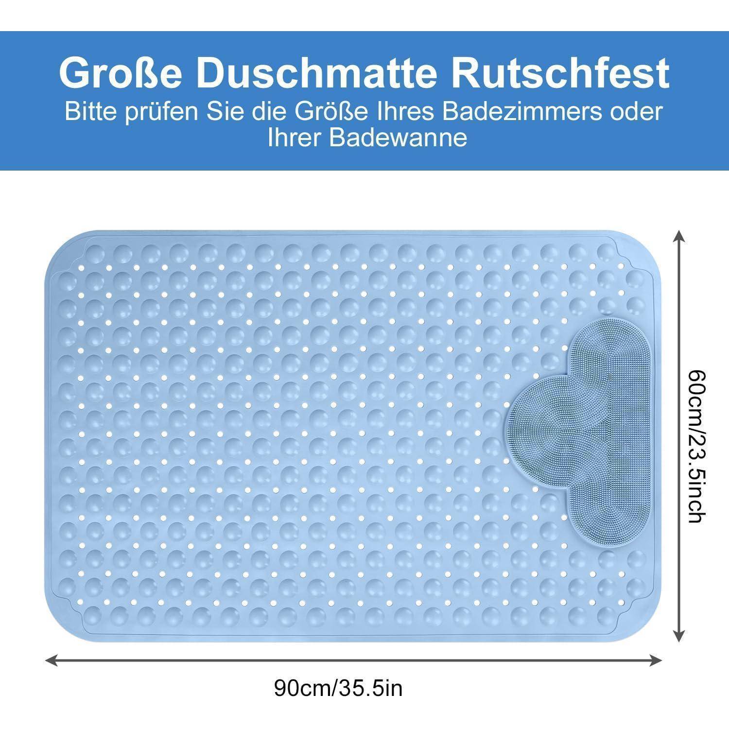 Große rutschfeste Duschmat in Hellblau mit Saugnapfhaften, Maße 90 cm x 60 cm; deutscher Text weist darauf hin, die Größe des Badezimmers oder der Badewanne zu überprüfen.