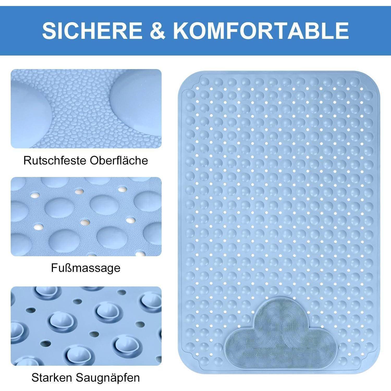 Blauefußmatte mit rutschfester Oberfläche, Fußmassagetextur und starken Saugnapfeln; mit der Aufschrift „SICHERE & KOMFORTABLE