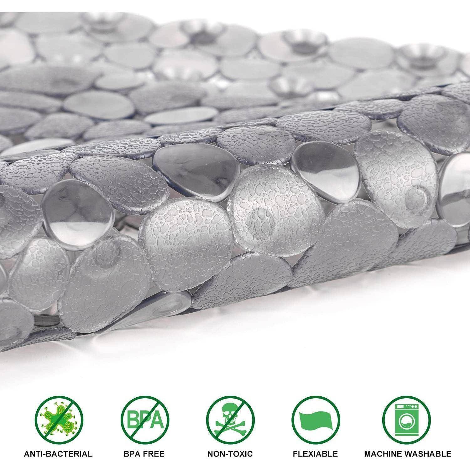 Nahaufnahme eines silbernen strukturierten flexiblen Materials oder einer Matte, dargestellt mit Symbolen, die antibakteriell, BPA-frei, ungiftig, flexibel und maschinenwaschbar angeben.