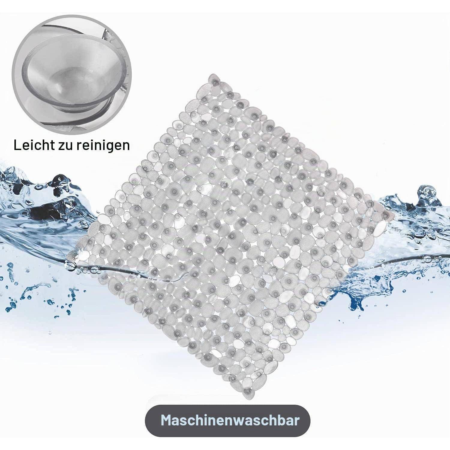 Quadratische Perlenbadematte dargestellt mit Wasser, das über sie spritzt; Beschriftungen sagen „Leicht zu reinigen