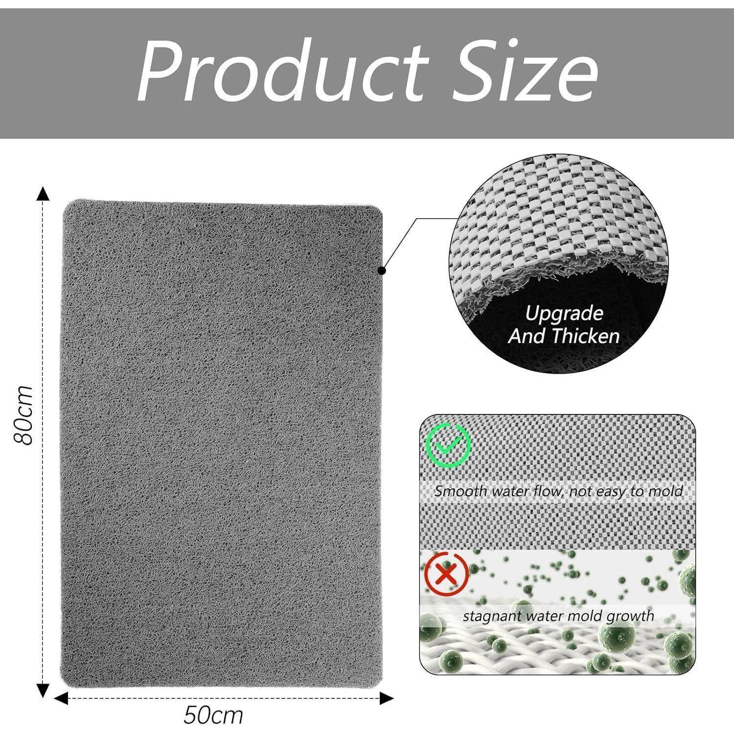 Produktgrößendiagramm zeigt eine rechteckige Matte mit den Maßen 80 cm x 50 cm, mit Nahaufnahmen, die 