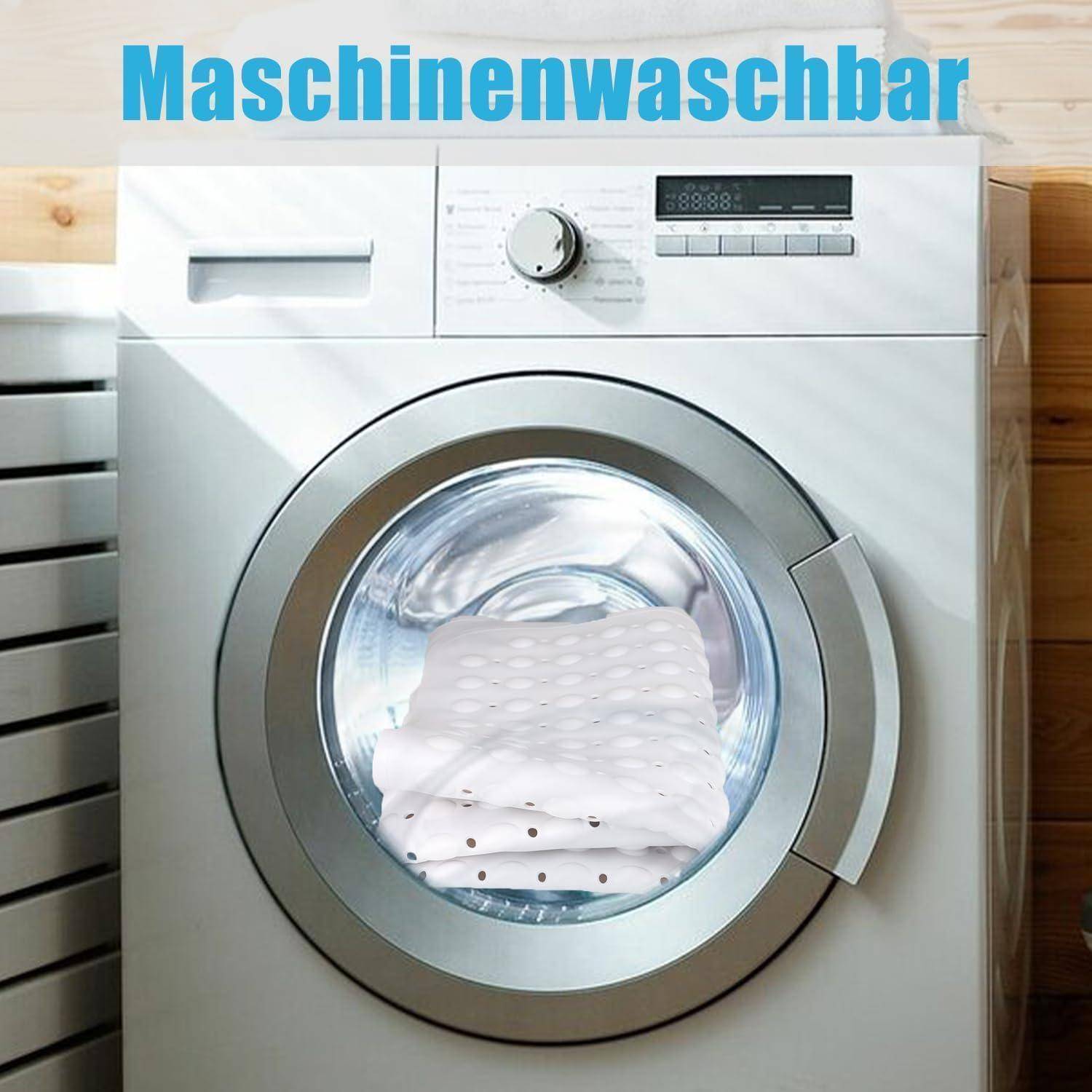 Frontlader-Waschmaschine mit Wäsche darin; das Wort „Maschinenwaschbar