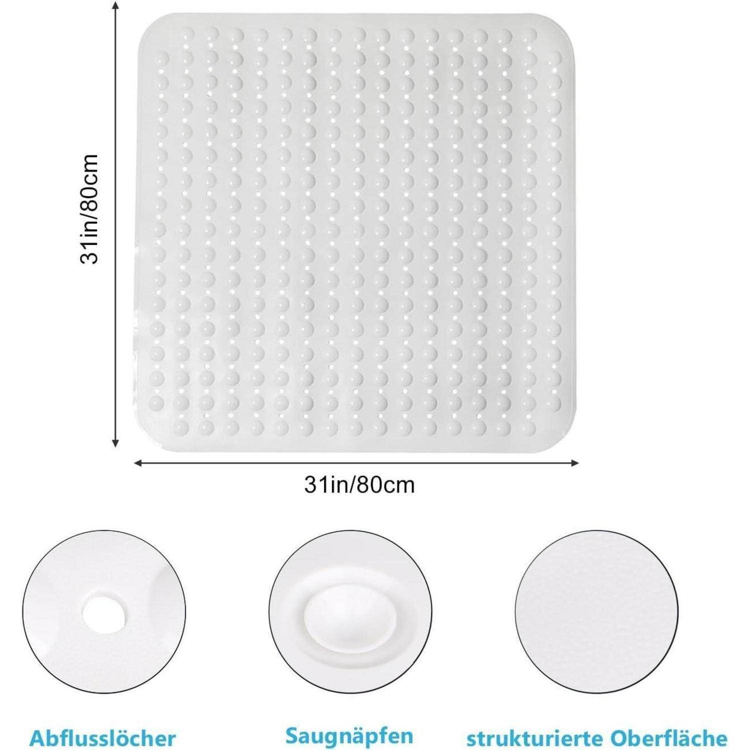Quadratische weiße Badematte mit Saugnapfn und strukturierter Oberfläche, gekennzeichnet mit 31 Zoll/80 cm x 31 Zoll/80 cm; Nahaufnahmen zeigen Ablaufloch, Saugnapf und strukturierte Unterseite.