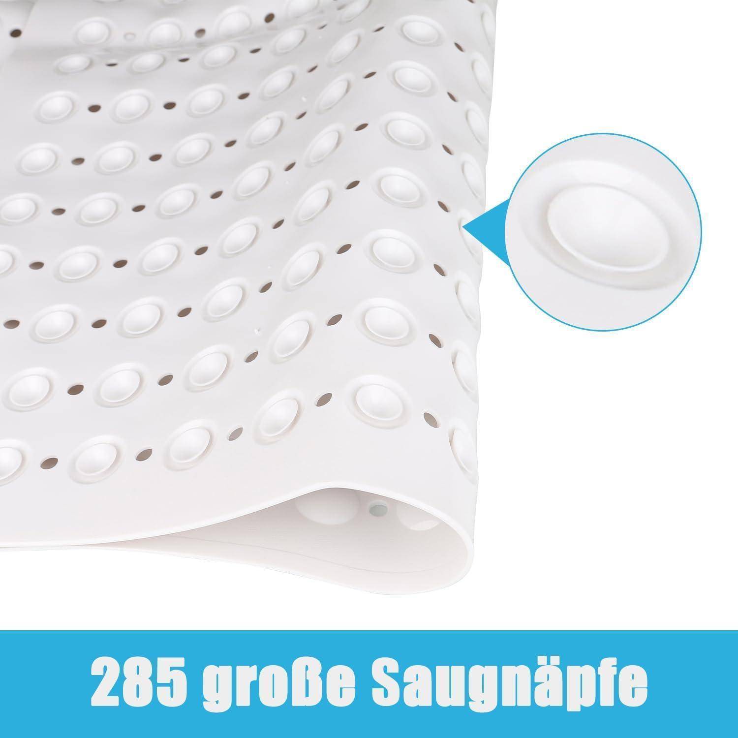 Nahaufnahme einer weißen Saugbadematte mit vielen runden Saugnäpfen; Text lautet „285 große Saugnäpfe