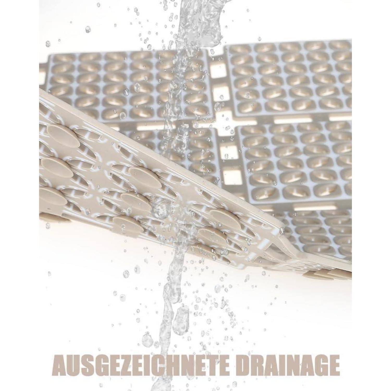 Nahaufnahme einer Dusch- oder Ablaufmatte mit Wasser, das hindurchfließt, überlagert mit dem deutschen Text „AUSGEZEICHNETE DRAINAGE