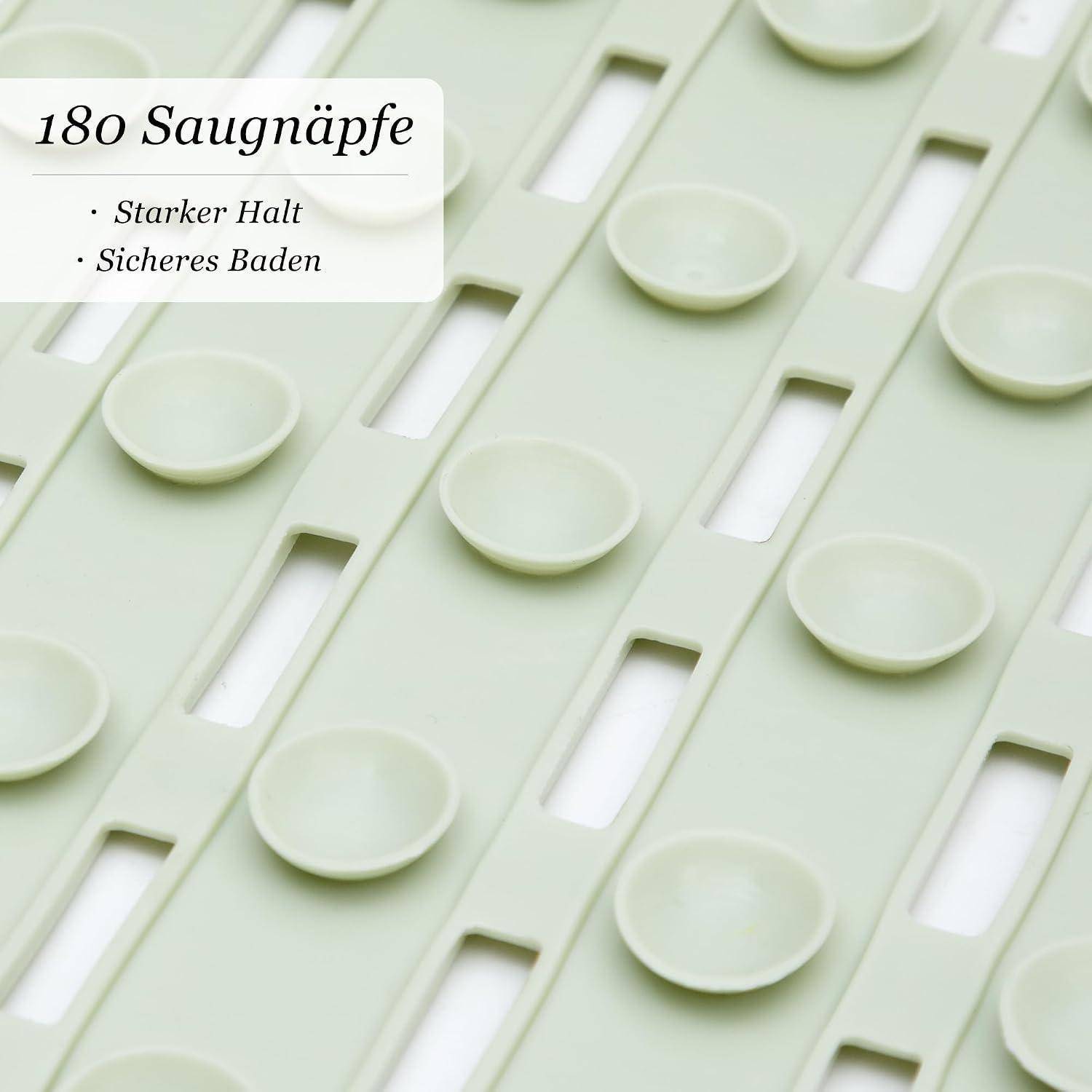 Hellgrüne Saugnäpfe in einem diagonalen Gitter, beschriftet mit „180 Saugnäpfe" mit Aufzählungspunkten „Starker Halt"" und „Sicheres Baden"".