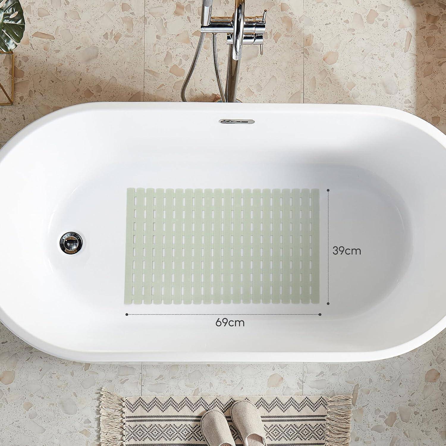 Ovale weiße Badewanne mit rutschfester Matte innen, beschriftet mit 69 cm Breite und 39 cm Länge, um die Größe anzuzeigen.