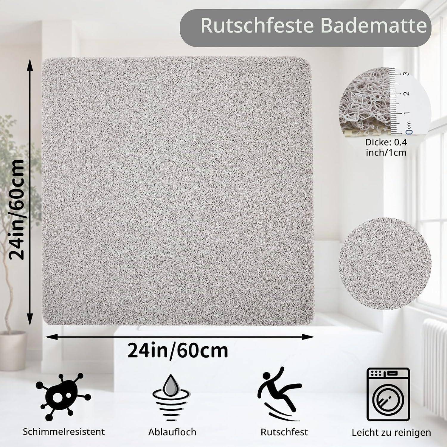Quadratische graue rutschfeste Badmatte, 24 Zoll x 24 Zoll, 0,4 Zoll dick, mit Etiketten, die Schimmelresistenz, Drainage, Rutschfestigkeit und einfache Reinigung hervorheben.