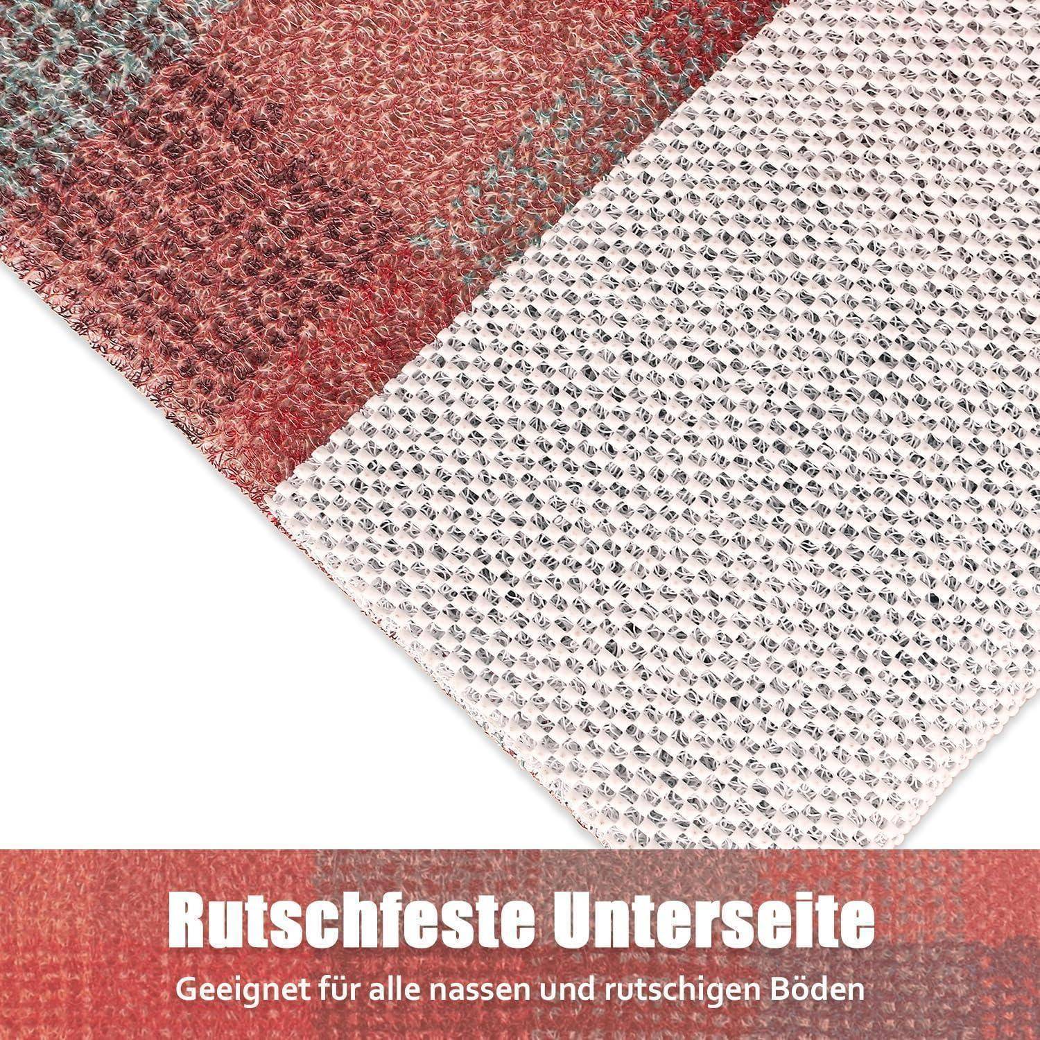 Nahaufnahme der strukturierten rutschfesten Unterseite in Rot und Weiß, mit deutschem Text 'Rutschfeste Unterseite' und 'Geeignet für alle nassen und rutschigen Böden'.