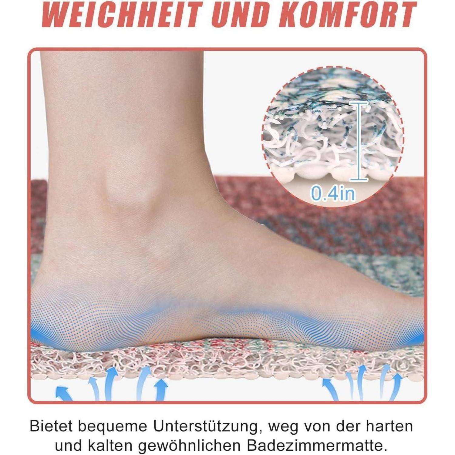 Fuß auf gepolsterter Matte, die weiches Polster und Komfort zeigt, mit Detailausschnitt, der 0,4 Zoll Dicke hervorhebt.