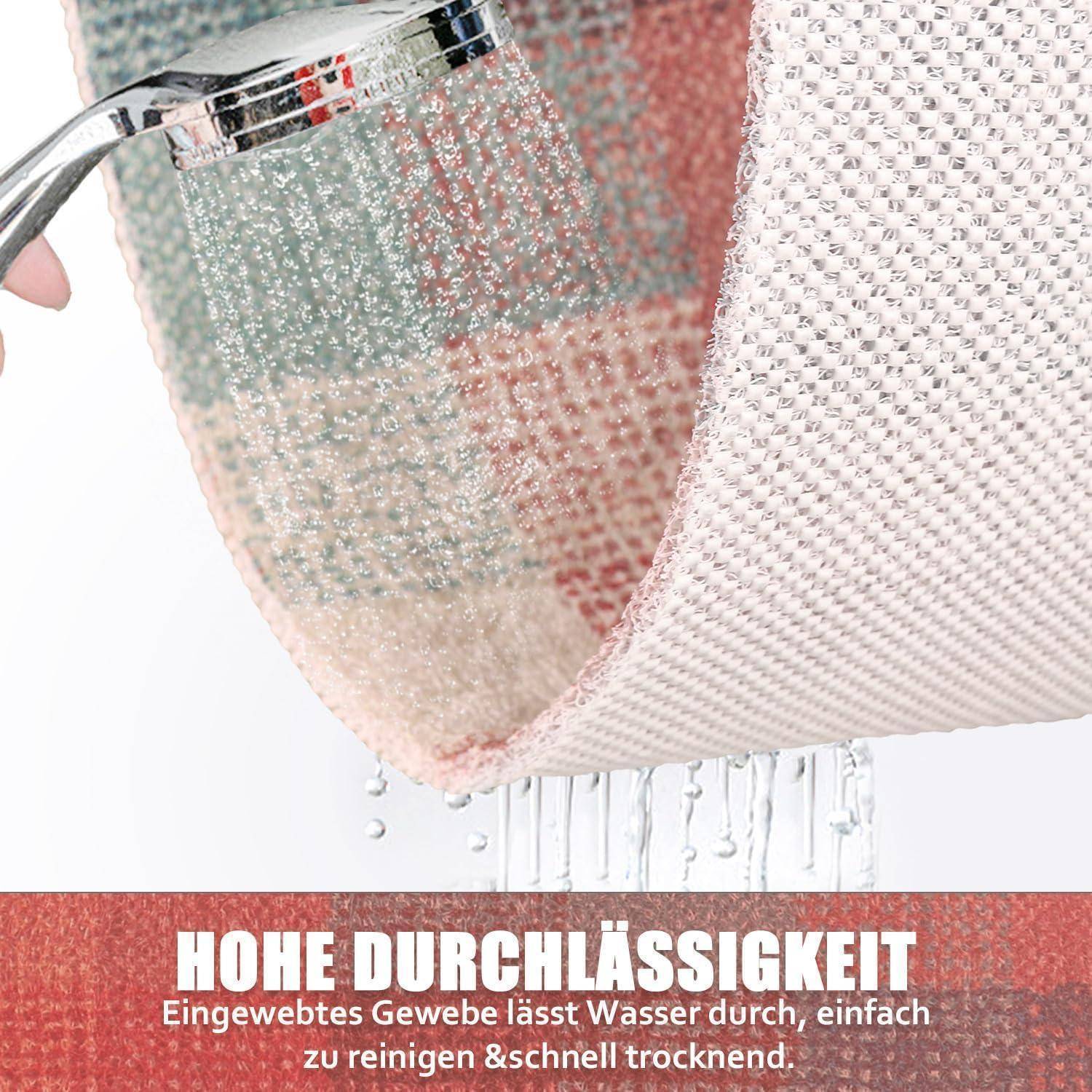 Shower water streams through a textured fabric, with German text reading 'HOHE DURCHLÄSSIGKEIT' and 'Eingewobtes Gewebe lässt Wasser durch, einfach zu reinigen & schnell trocknend.