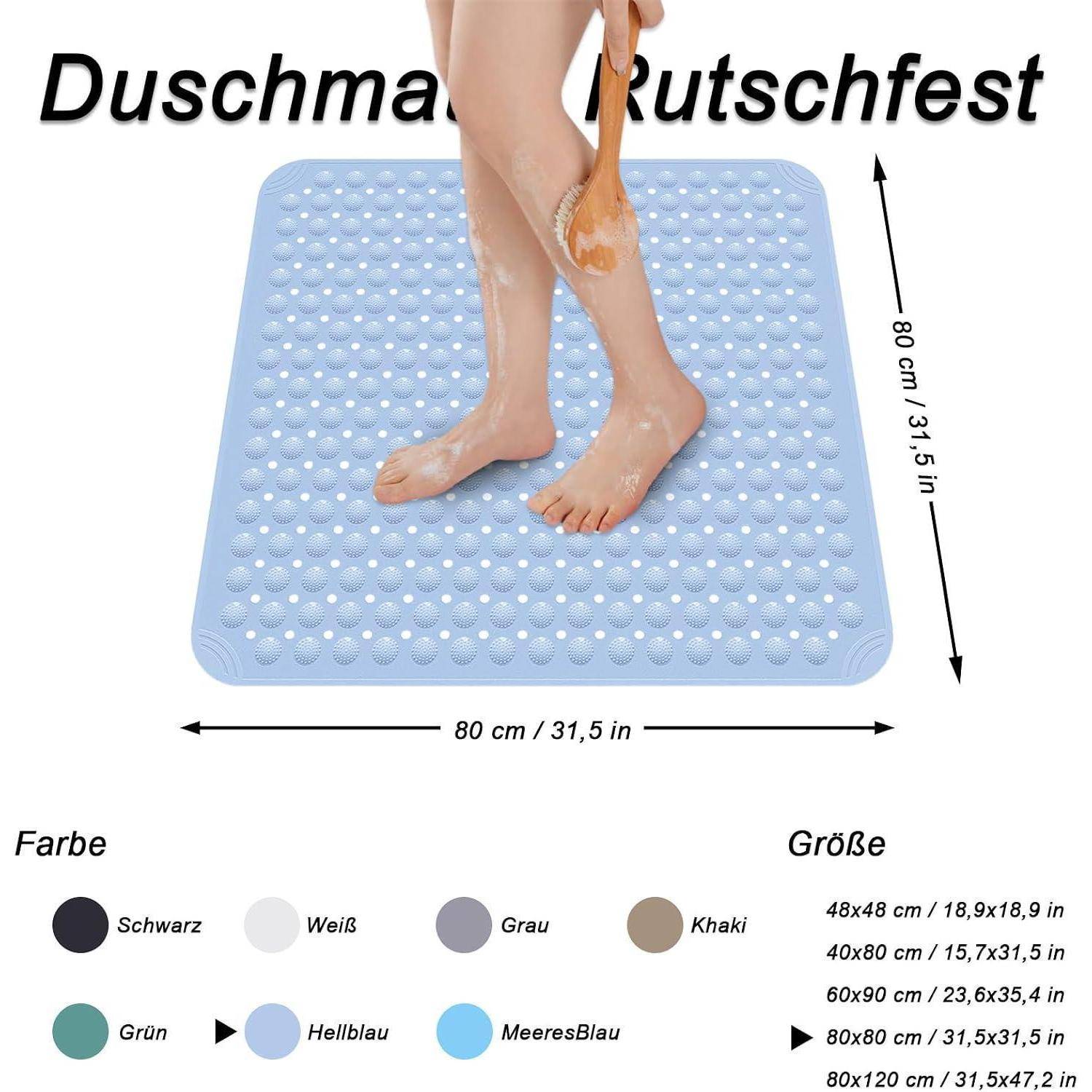 Produktbild einer quadratischen Duschmatte mit Saugnapfpunkten und einem Fußpeelingbereich, gekennzeichnet als „Duschmatte Rutschfest