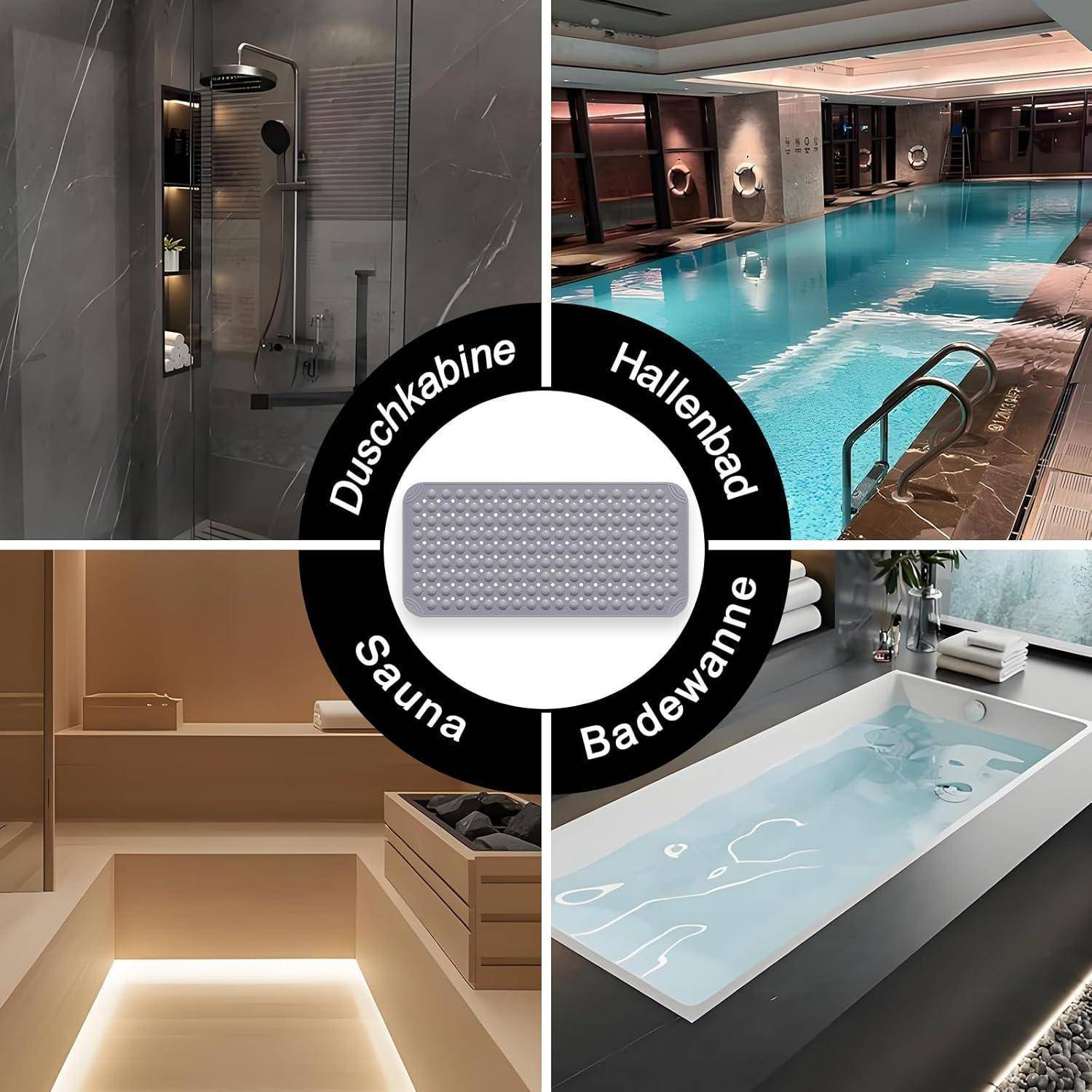 Spa-Collage mit Duschkabine, Innenbad, Sauna und Badewanne um ein zentrales Lichtpaneel herum