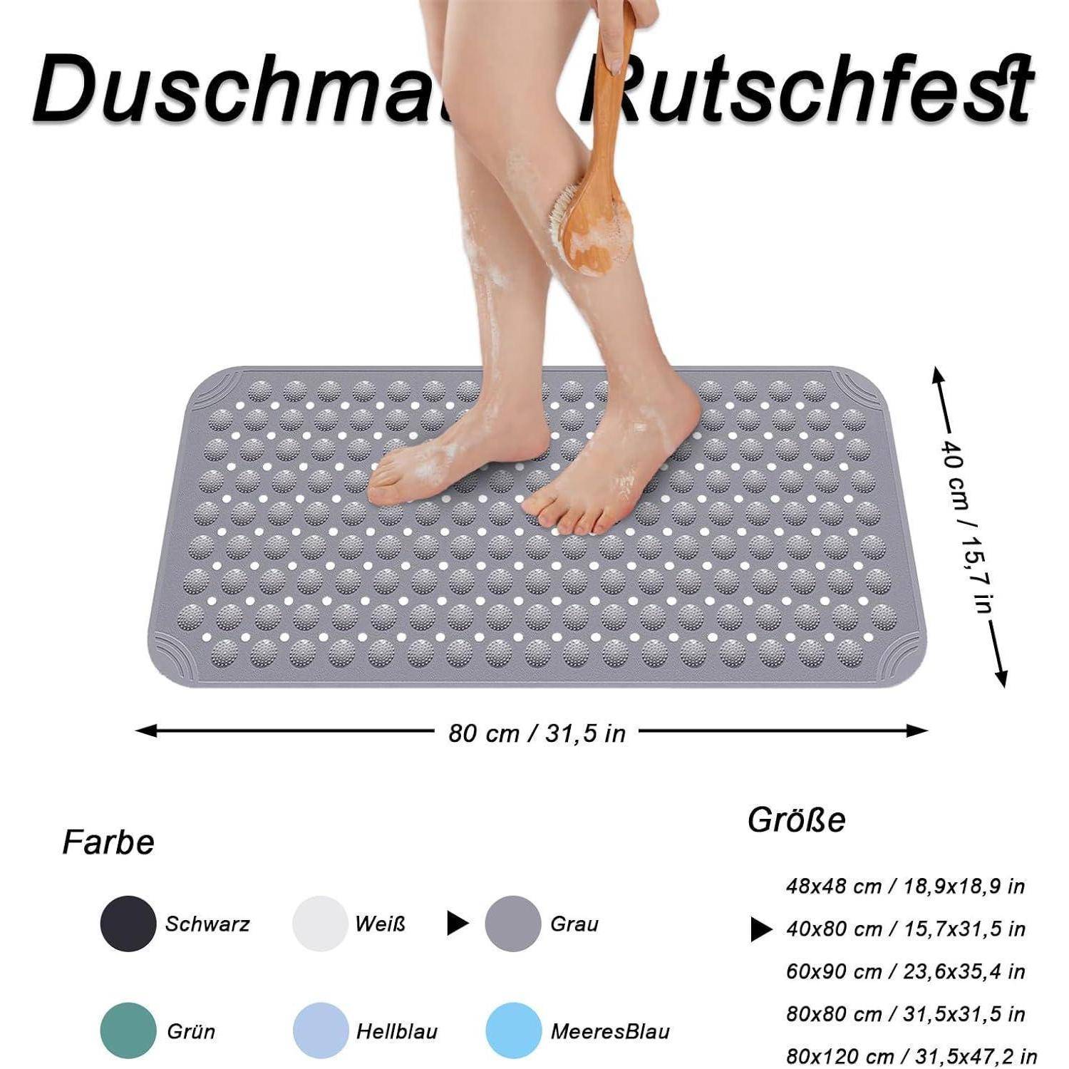 Graue rutschfeste Duschmatte in Gebrauch gezeigt; beschriftet mit „Duschmatte Rutschfest" mit der Größe 80 x 40 cm und Farboptionen darunter.