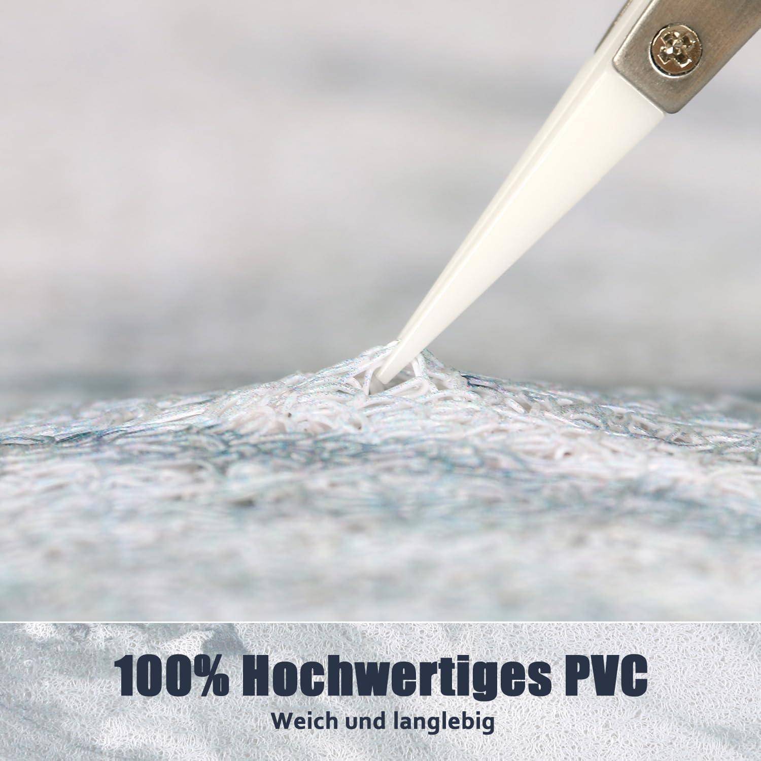 Nahaufnahme einer weißen Werkzeugspitze, die in durchsichtiges PVC drückt; Text lautet 