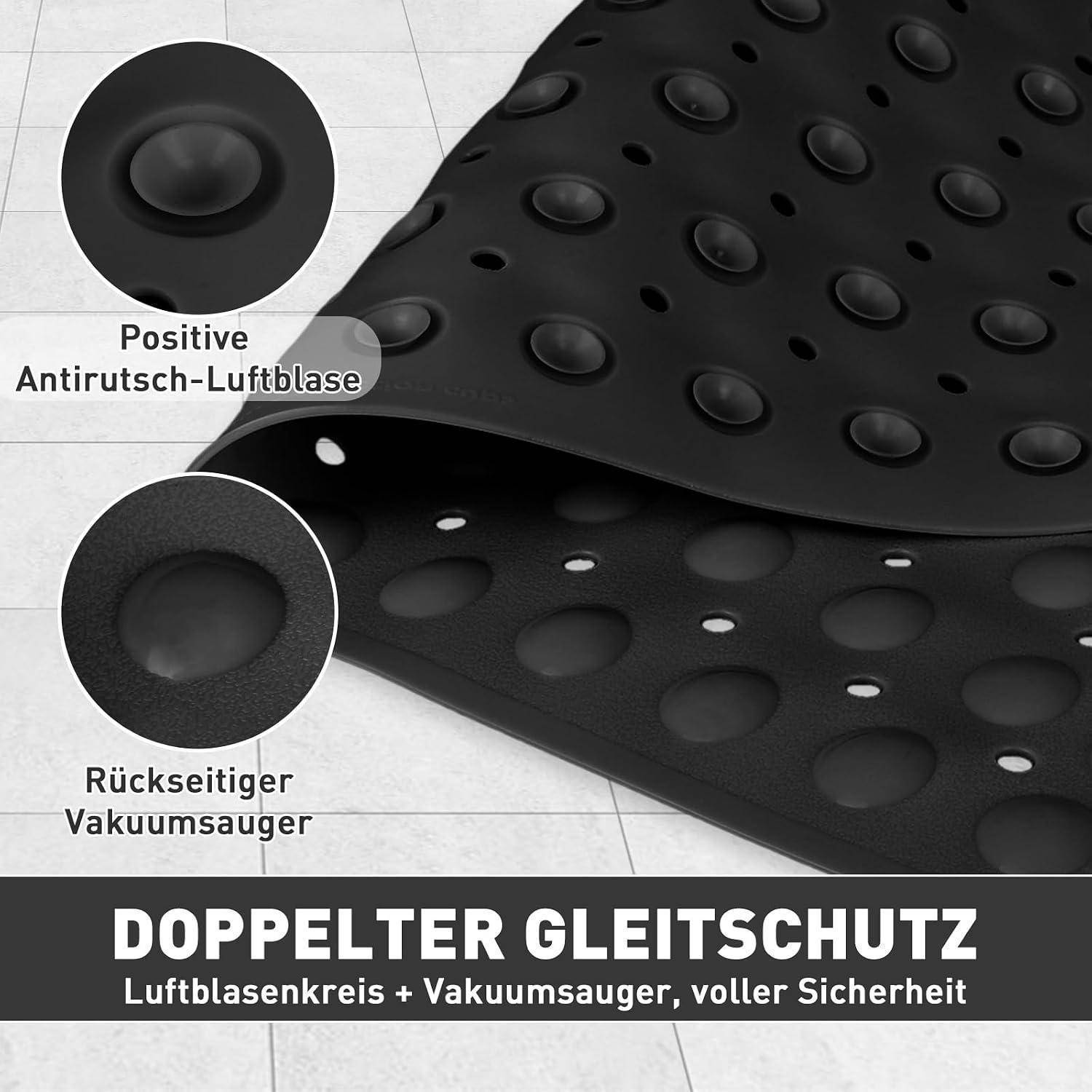 Anzeige für eine schwarze Bodenmatte mit doppeltem Rutschschutz: Luftpolster-Noppen und Vakuum-Saugnapfe, gekennzeichnet mit „DOPPELTER GLEITSCHUTZ".