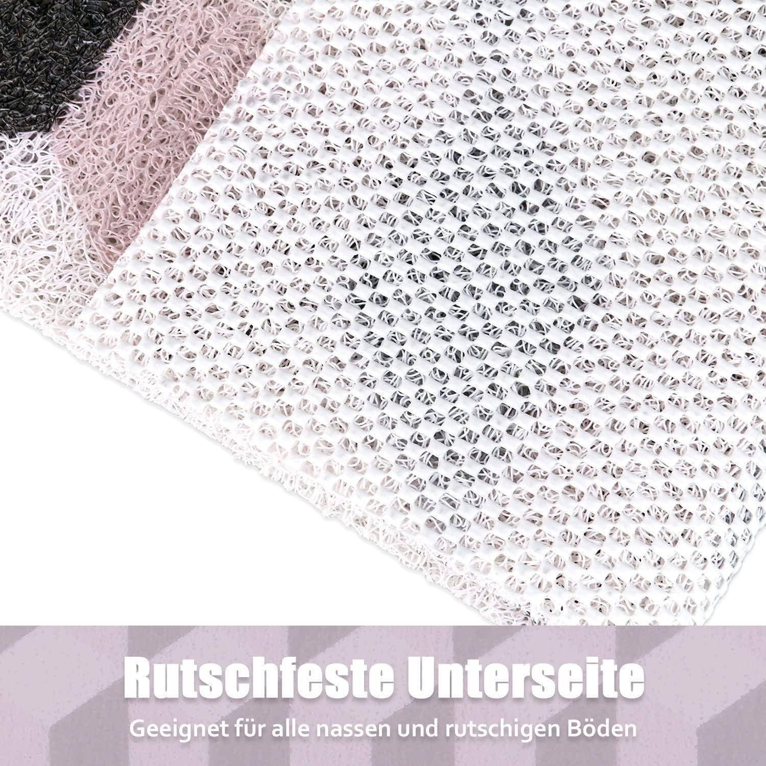 Nahaufnahme der rutschfesten Unterseite einer Matte mit strukturiertem Gittermuster, in drei Farben dargestellt; deutscher Text besagt „Rutschfesteste Unterseite
