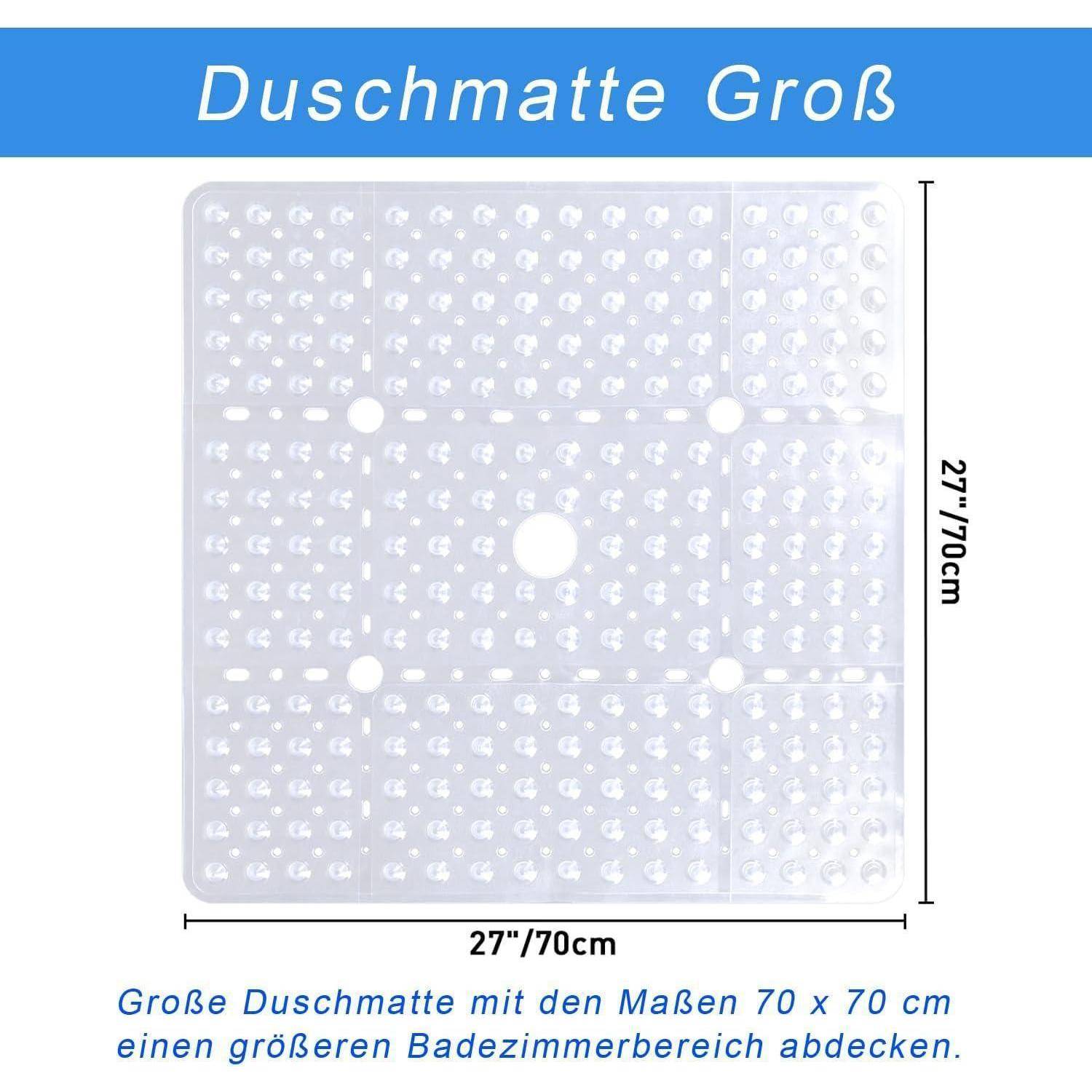 Transparente quadratische Duschmatte mit der Bezeichnung „Duschmatte Groß", 27 x 27 Zoll (70 x 70 cm), mit Saugnäpfen und Ablöchern.