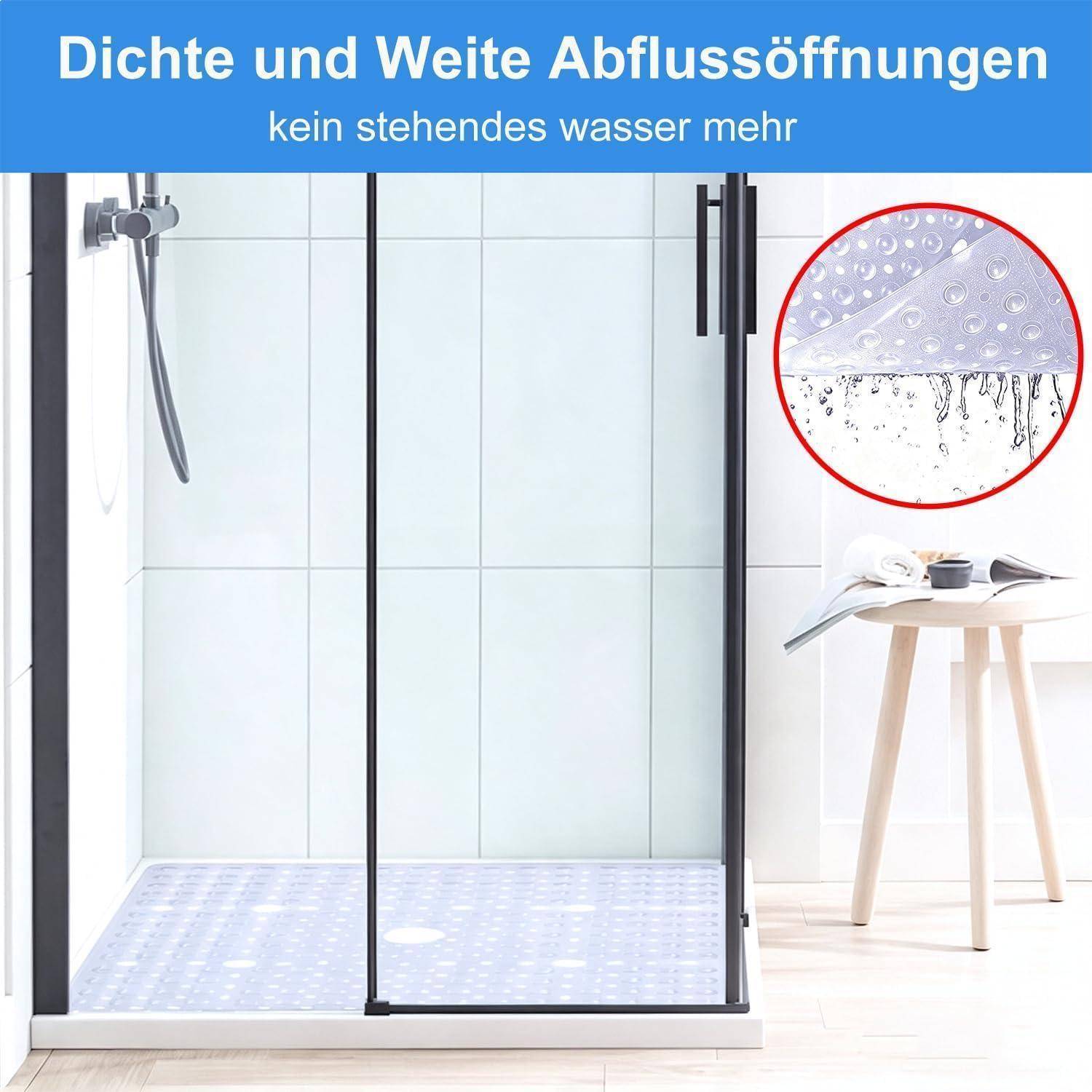 Duschkabine mit einer Drainmatte und Wassertropfen, beschriftet auf Deutsch mit „Dichte und Weite Abflussöffnungen" und „kein stehendes Wasser mehr"", wobei kein Wasser staut.