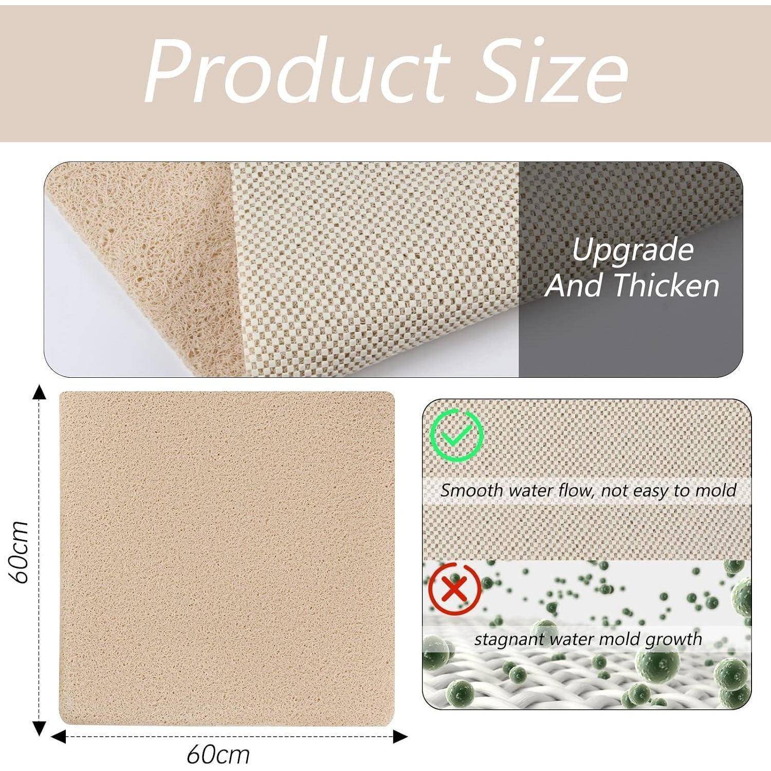 Produktgrößen-Infografik mit einer 60 cm x 60 cm Matte, verbessert und dicker, mit glatter Wasserdurchflusseigenschaft und Schimmelwiderstandsfähigkeit.
