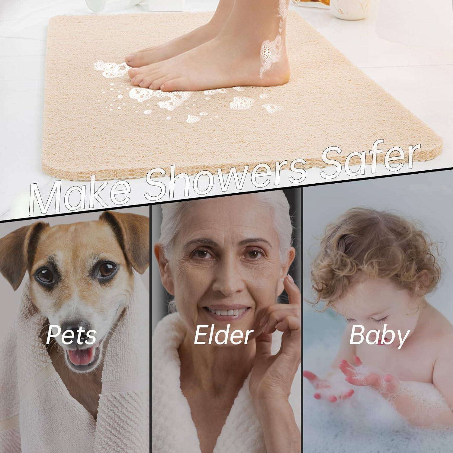 Werbebild mit einer Duschmatte mit bloßen Füßen und dem Text „Duschen sicherer machen", plus drei Sicherheitsbeispiele mit den Bezeichnungen „Haustiere"", „Senioren"" und „Baby"".