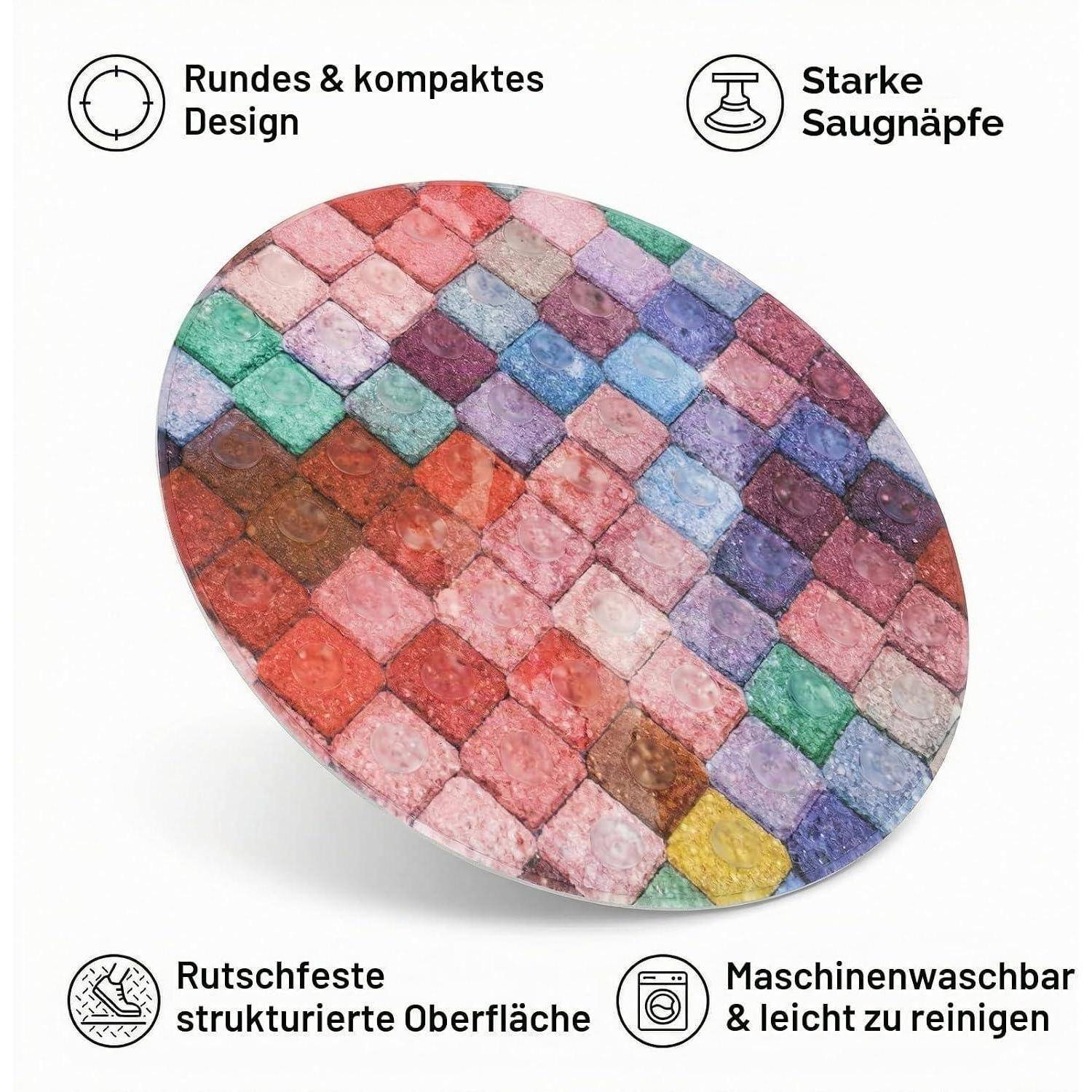 Runde mehrfarbige strukturierte Saugmatte, gezeigt mit deutschen Etiketten, die das kompakte Design, starken Halt, rutschfeste Oberfläche und maschinenwaschbares, leicht zu reinigendes Material hervorheben.