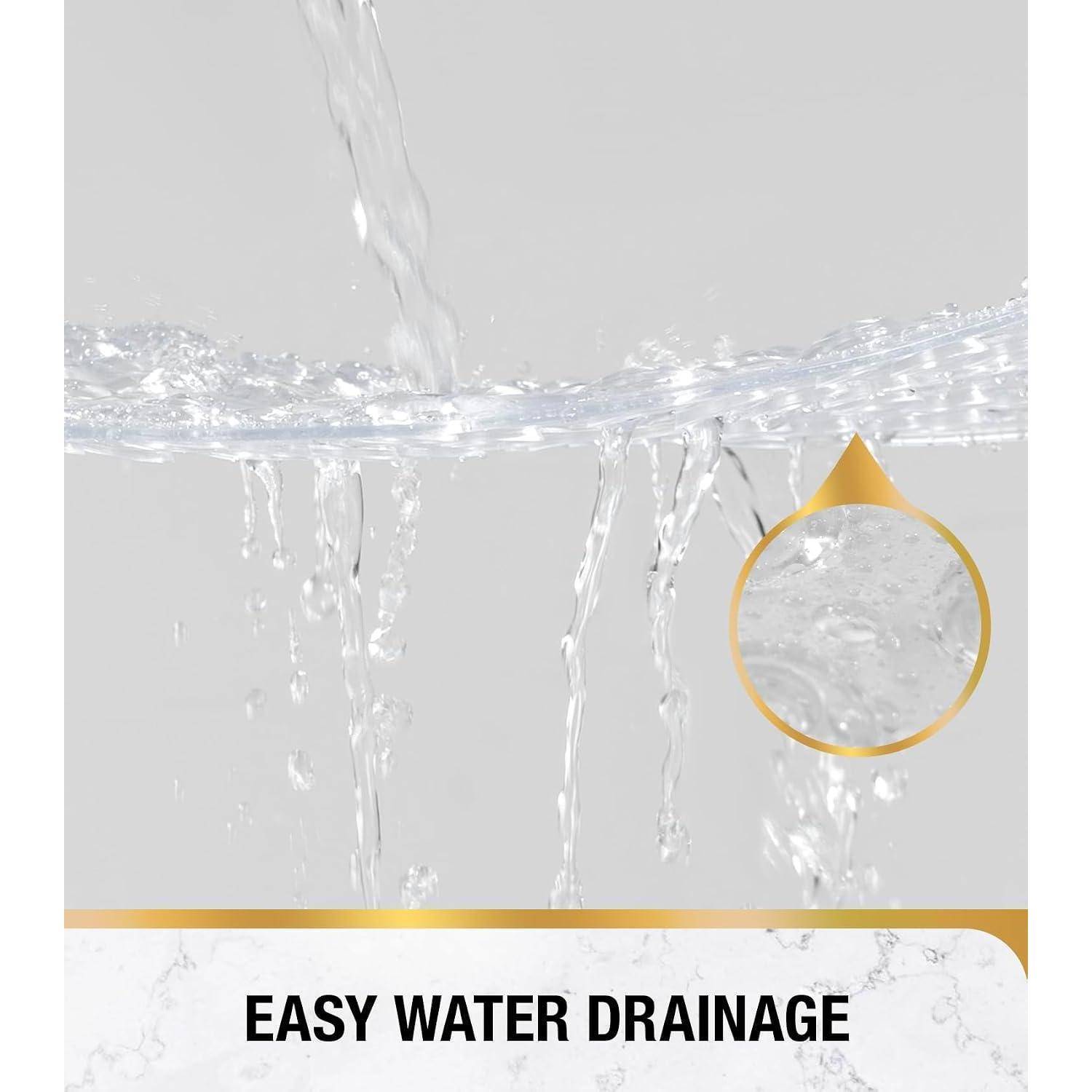 Wasser spritzt und fließt durch eine Oberfläche ab, mit einer goldenen Beschriftung; der Text lautet „EINFACHE WASSERABLAUF