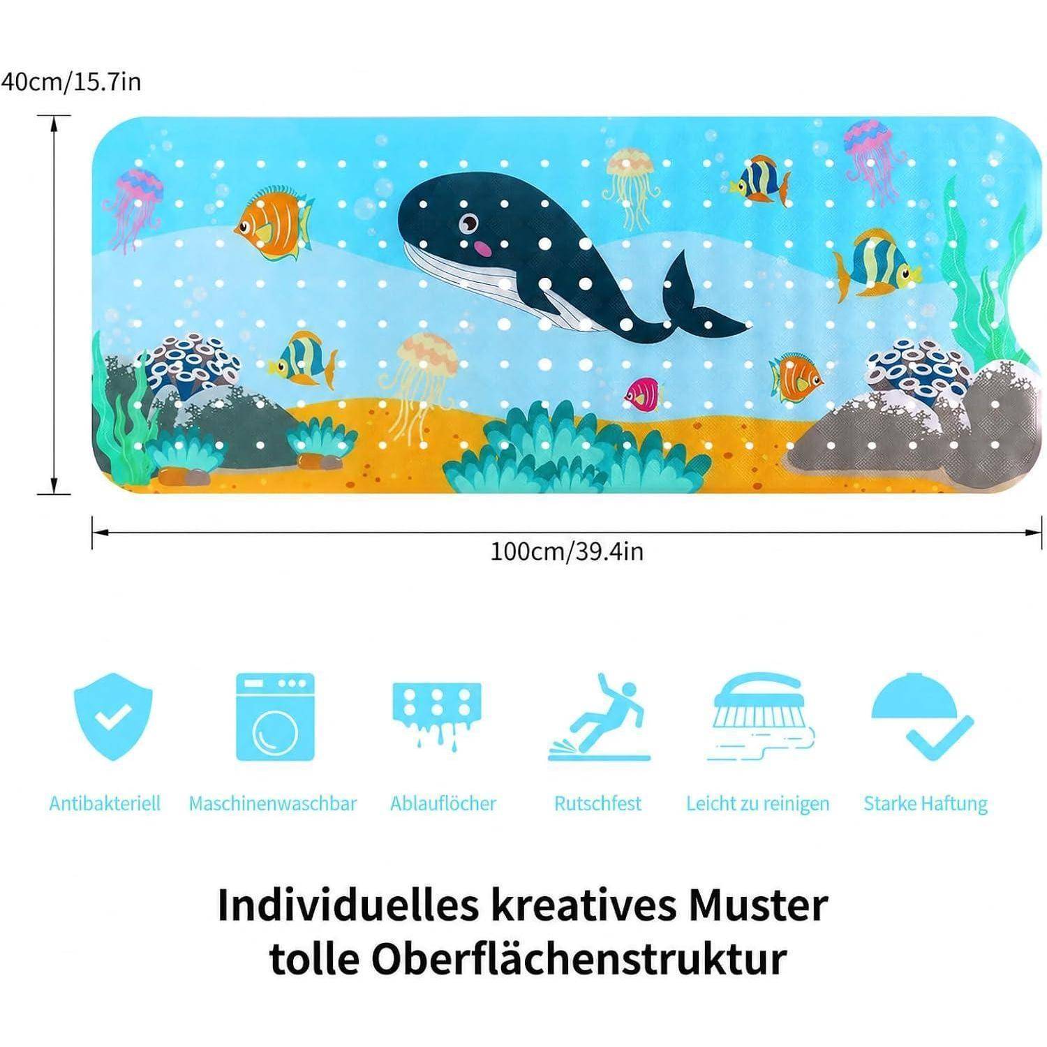 Blauer Unterwasser-Badteppich mit Wal und Fisch, 100 x 40 cm, mit antibakteriellen, maschinenwaschbaren, rutschfesten, leicht zu reinigenden Eigenschaften.