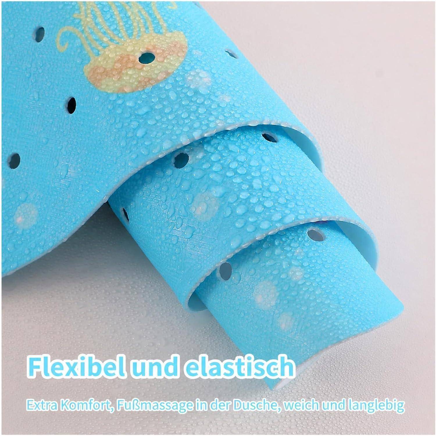 Blauflächig durchlöcherter Schaumstoff-Duschvorleger aufgerollt, mit deutschem Text, der besagt „Flexibel und elastisch