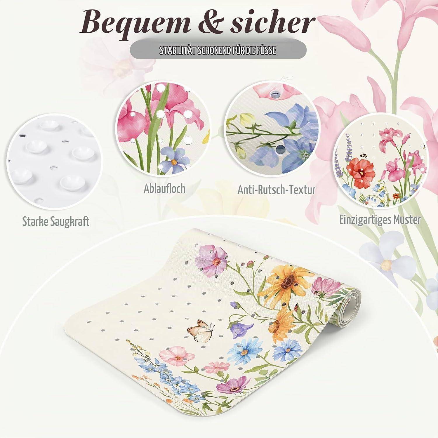 SHUCHING Badewannenmatte 100x40cm Bunt Blumen Rutschfest PVC