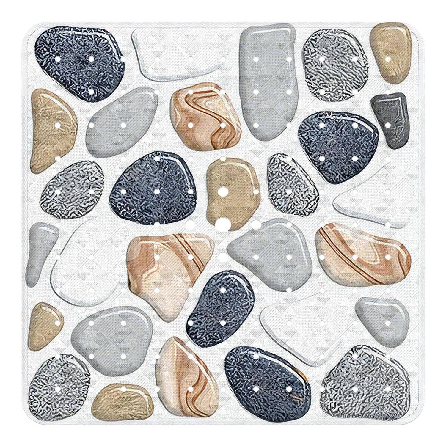 Muster aus assorted Kieseln in Grau, Marineblau, Beige und Weiß, angeordnet auf hellem Hintergrund.