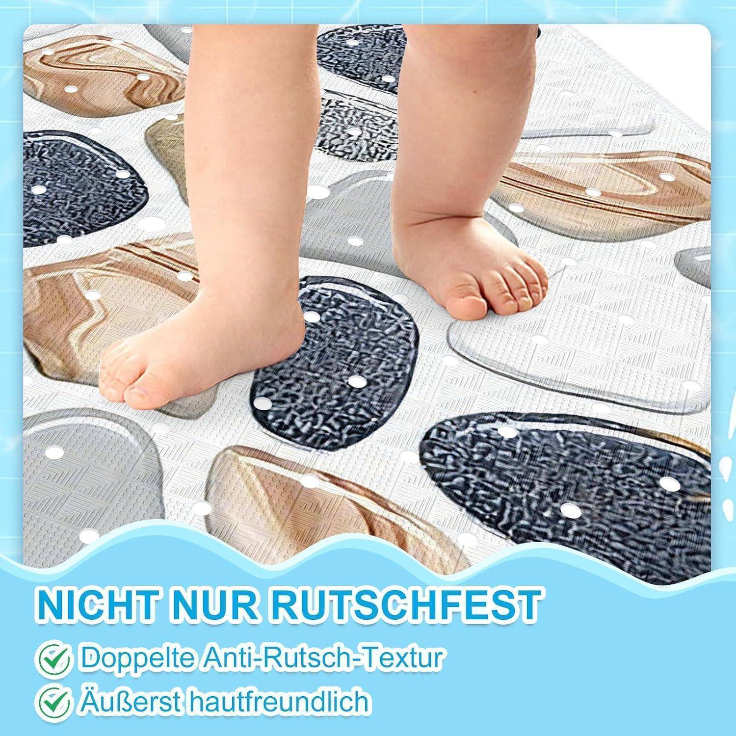 Babyfüße stehen auf einer strukturierten rutschfesten Matte; der Text lautet „NICHT NUR RUTSCHFEST" mit Aussagen zur doppelten rutschfesten Textur und hautfreundlicher Oberfläche.
