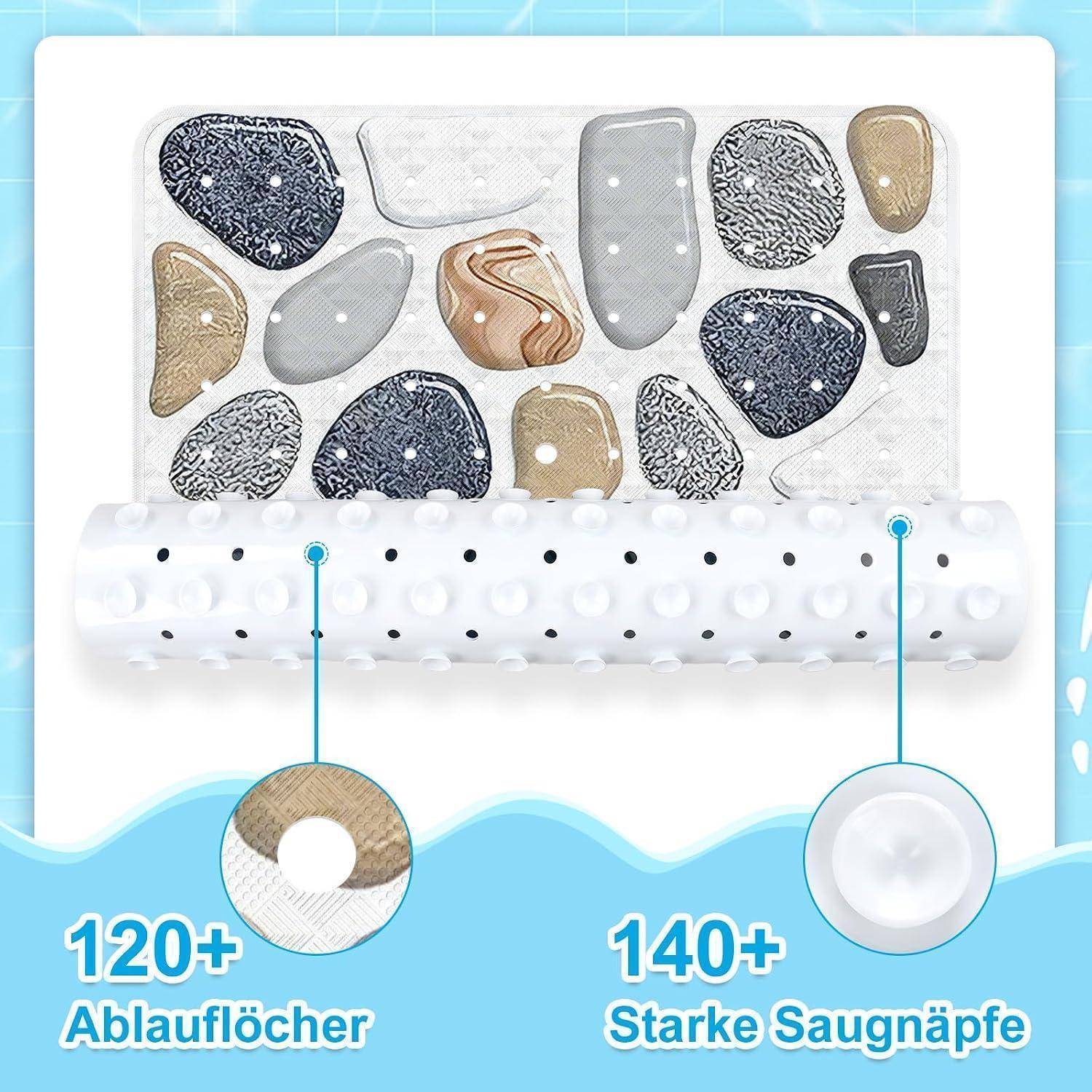 Badematten mit Kieselsteinmuster und Saugnapfen, beschriftet mit „120+ Ablauflöcher" und „140+ Starke Saugnapfe"".