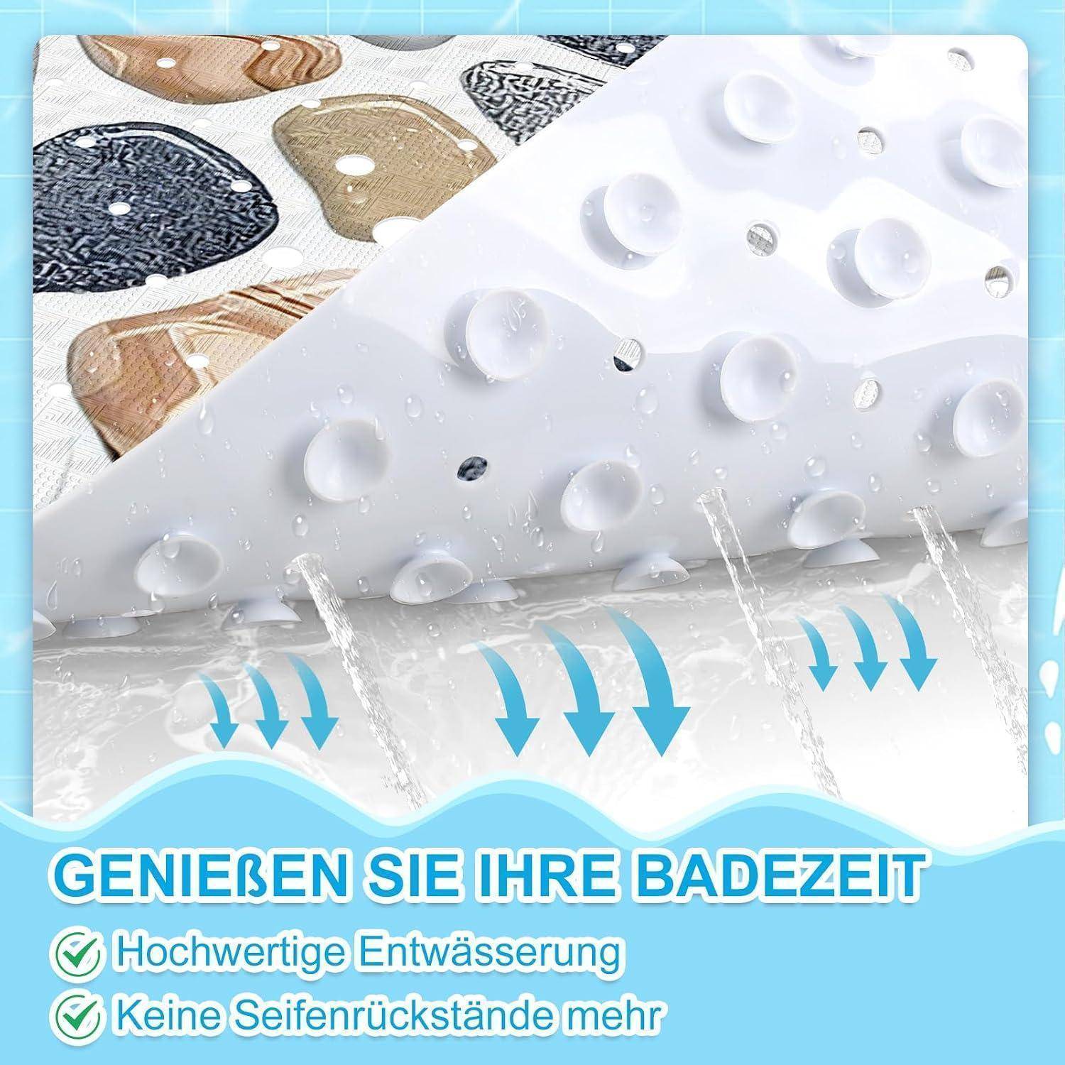 # Anzeige für eine wasserfeste Badmatte mit strukturiertem Griff und Entwässerungspfeilen, überlagert mit deutschem Text: 'GENIESSEN SIE IHRE BADEZEIT', 'Hochwertige Entwässerung', 'Keine Seifenrückstände mehr'.