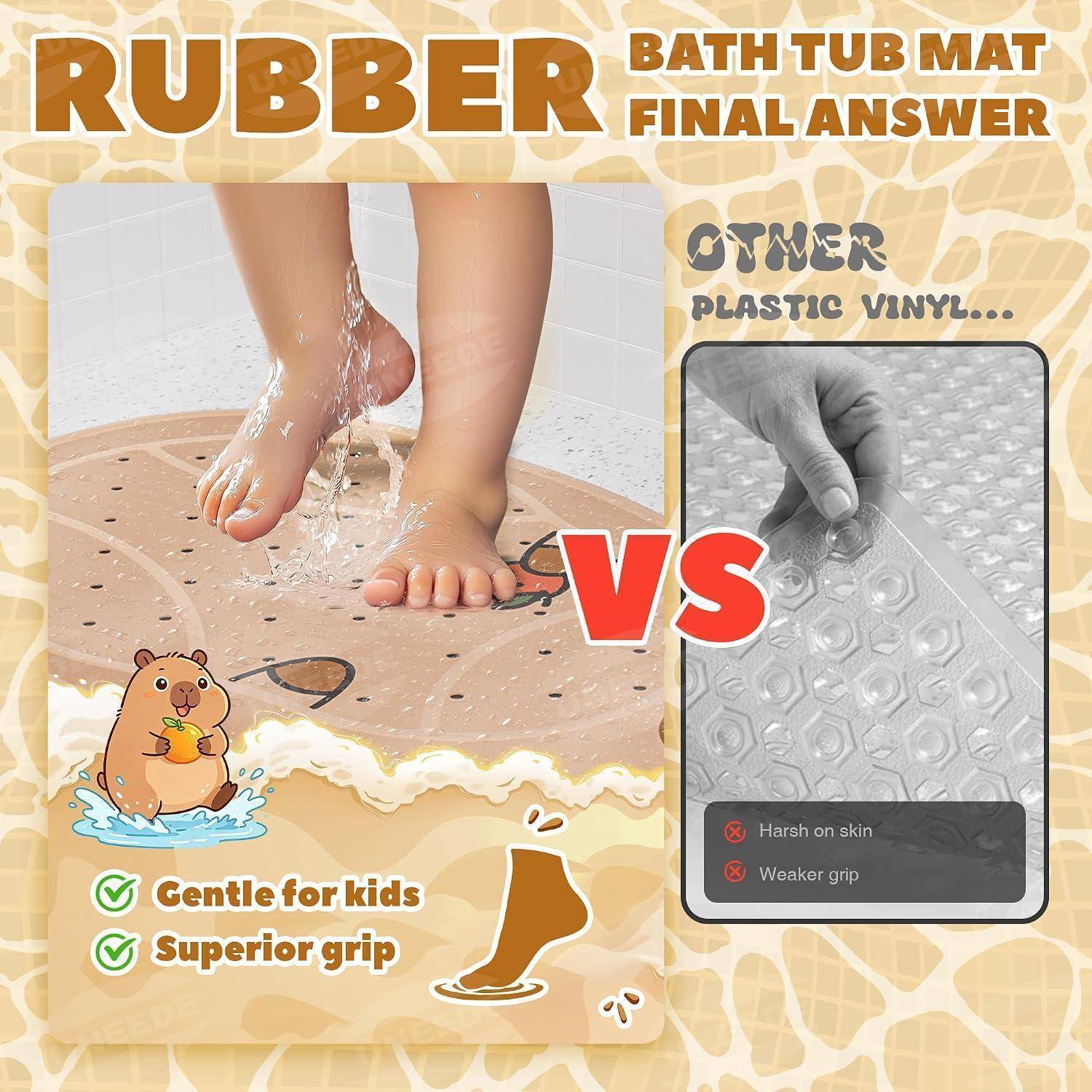Werbeaktion Vergleichsgrafik, die eine Gummi-Badewannenmatte mit anderen Kunststoff-Vinyl-Matten vergleicht und sanfte Behandlung für Kinder und überlegene Griffigkeit hervorhebt.