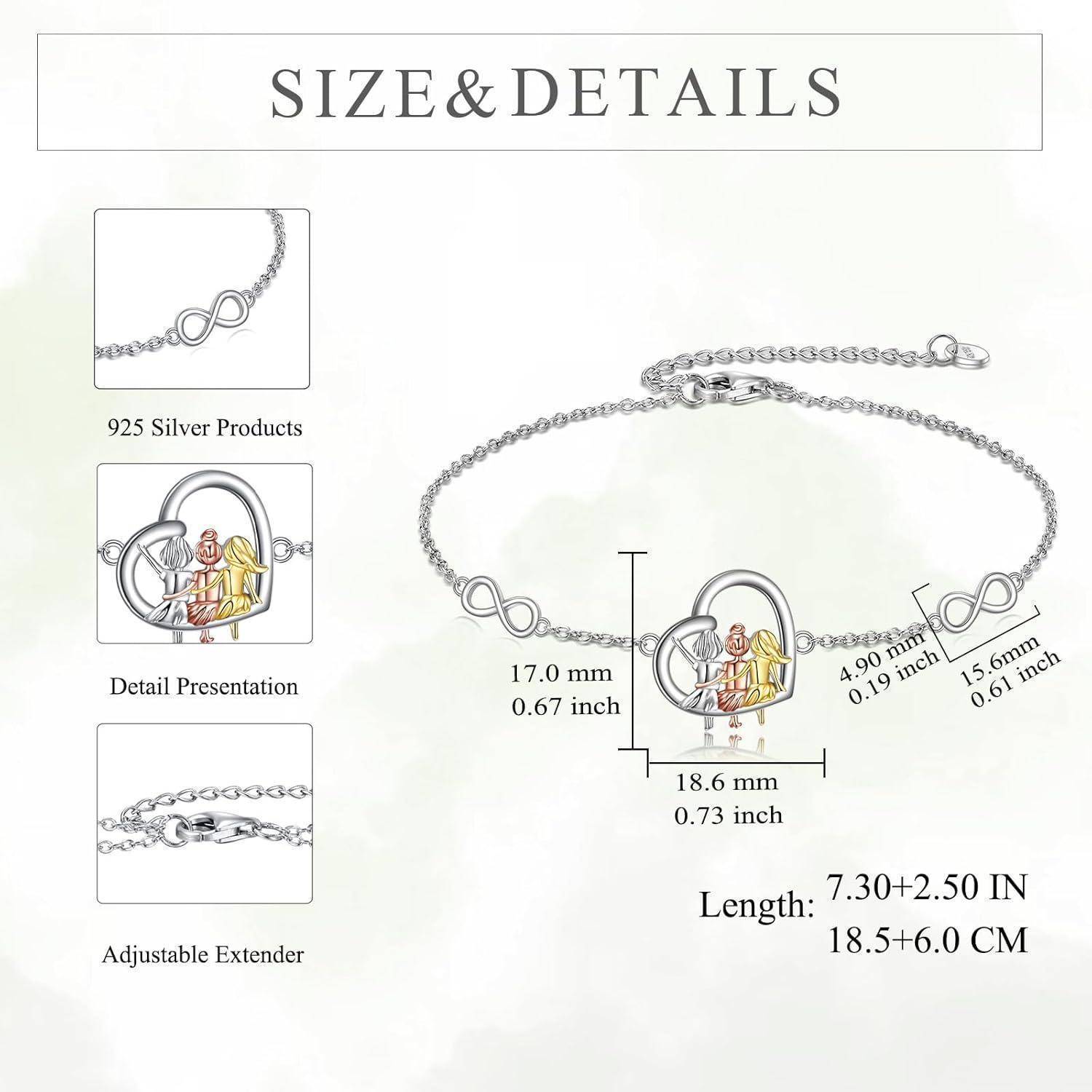 Größen- und Detaildiagramm eines silbernen Armbands mit Unendlichkeitsanhänger und Mutter-Kind-Anhänger, das eine Charmgröße von 18,6 mm und verstellbare Länge von 7,30+2,50 Zoll zeigt.