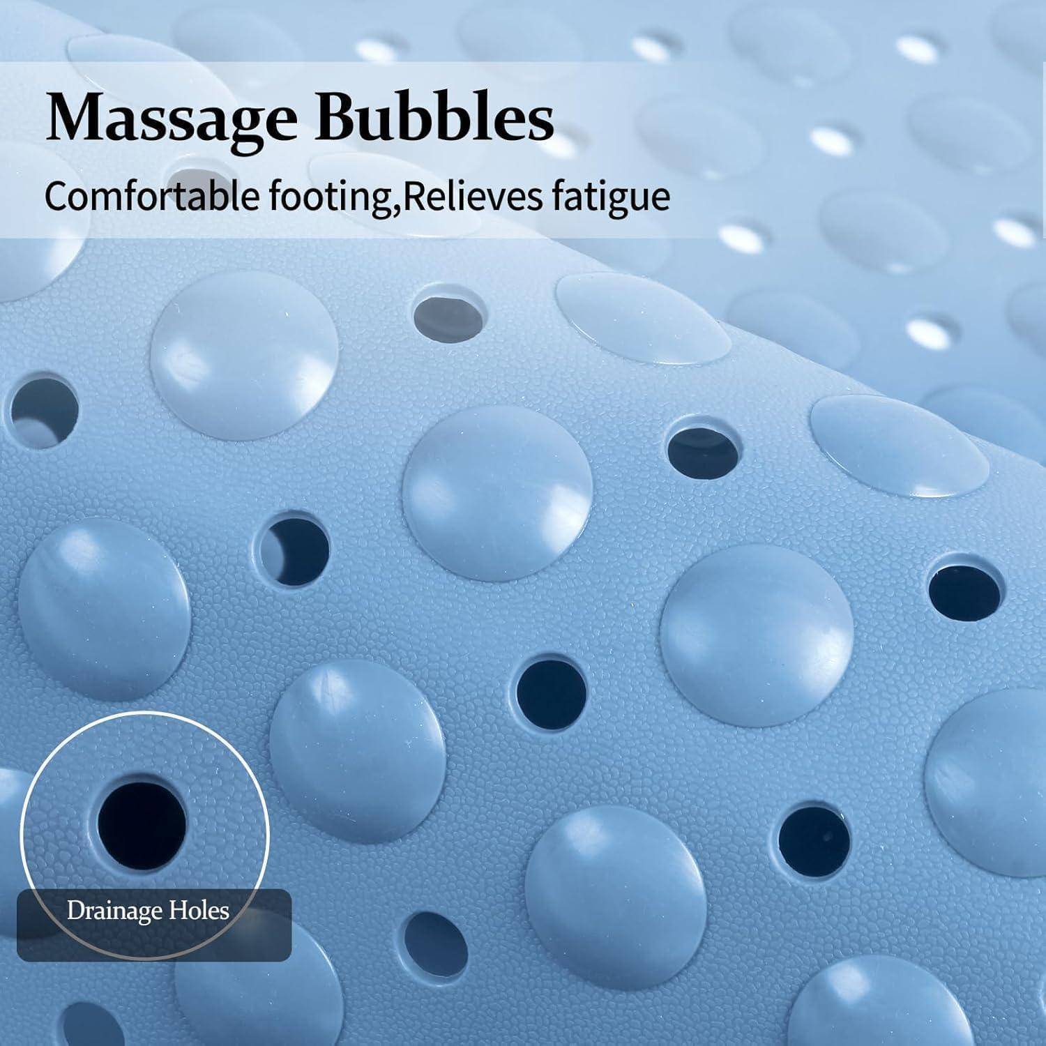 Blaue strukturierte Schuheinlage mit erhabenen Massagebläschen und Drainagelöchern; Text lautet „Massage Bubbles