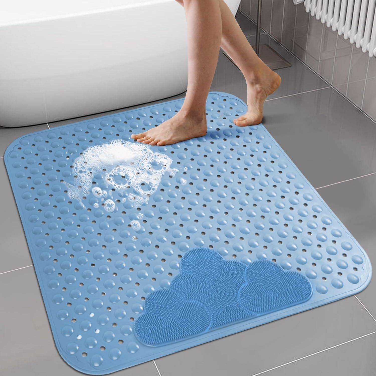 Duschmatte rutschfest 80x80cm TPE Blau mit Fußbürsten-Zone